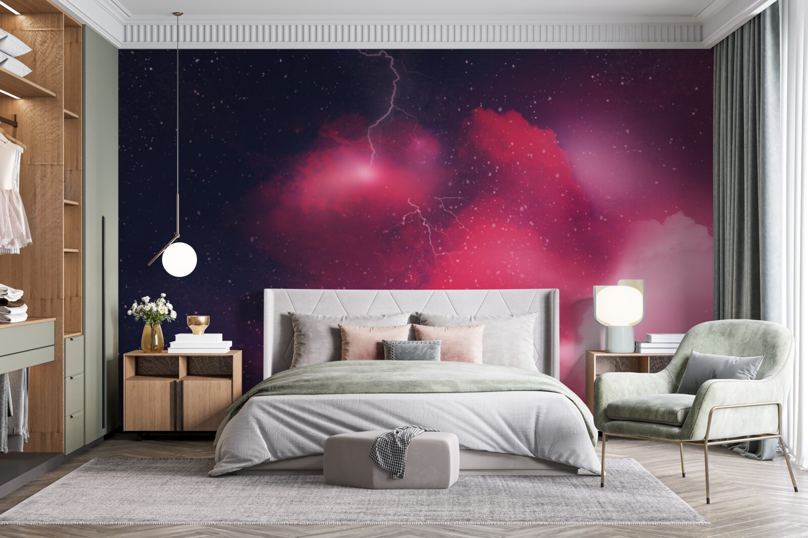 Fotobehang donderflitsen in scharlakenrode ruimte