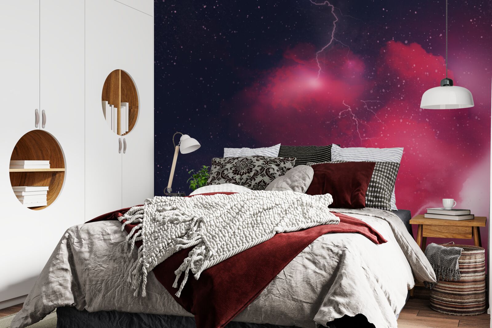 Fotobehang donderflitsen in scharlakenrode ruimte