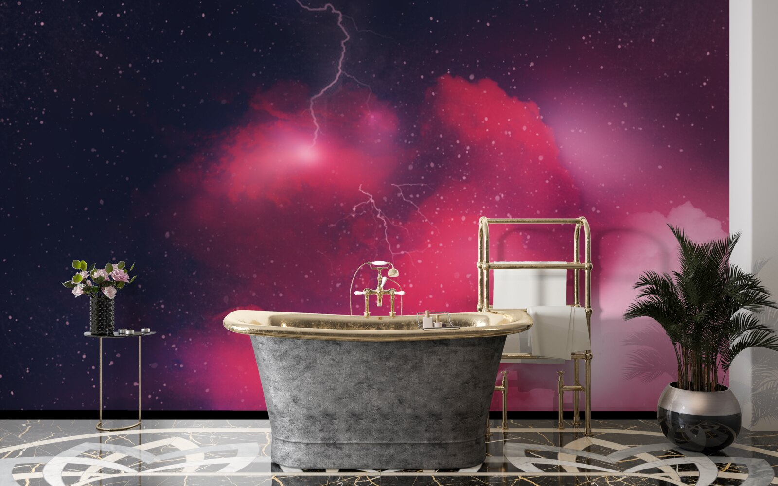 Fotobehang donderflitsen in scharlakenrode ruimte