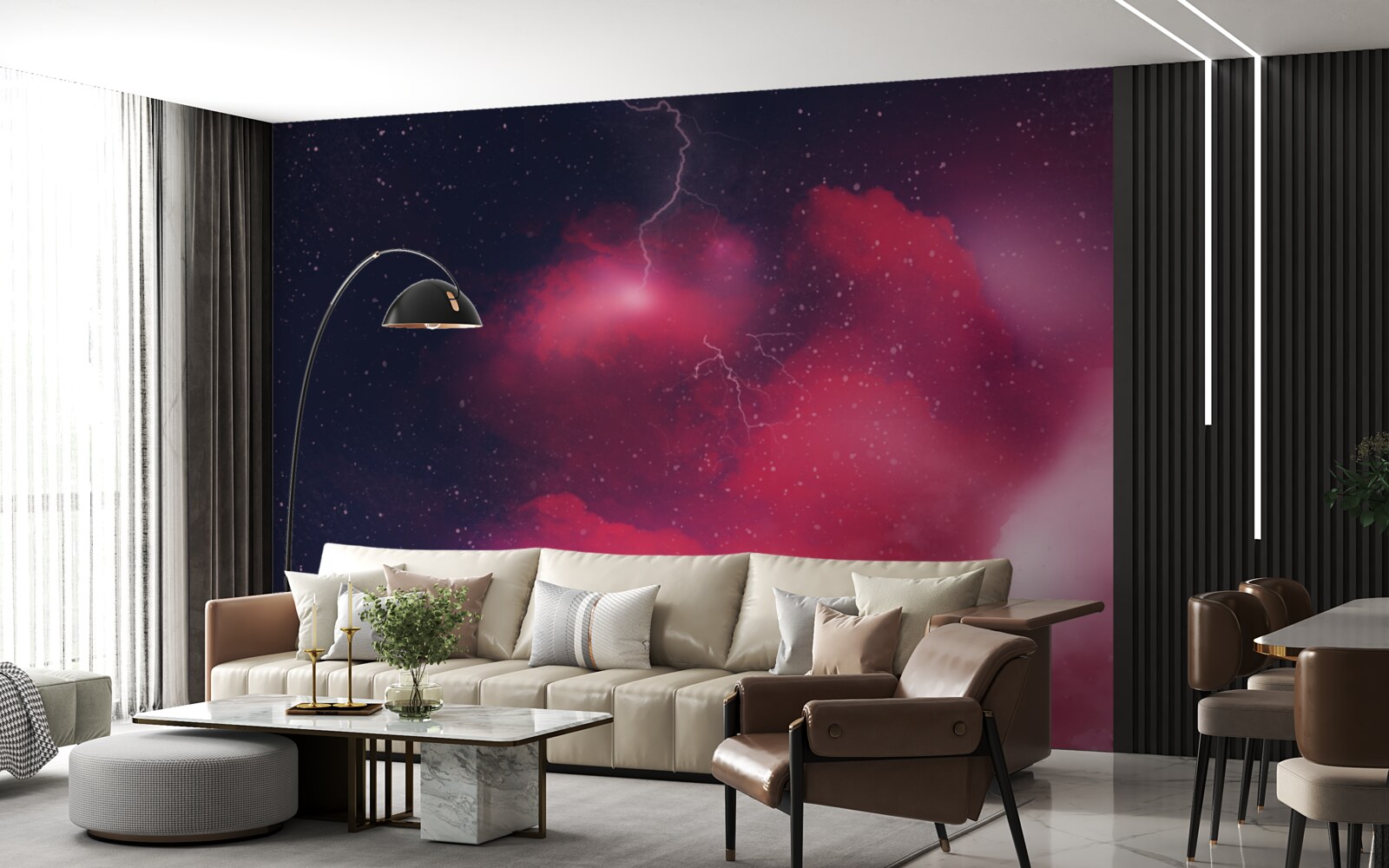 Fotobehang donderflitsen in scharlakenrode ruimte