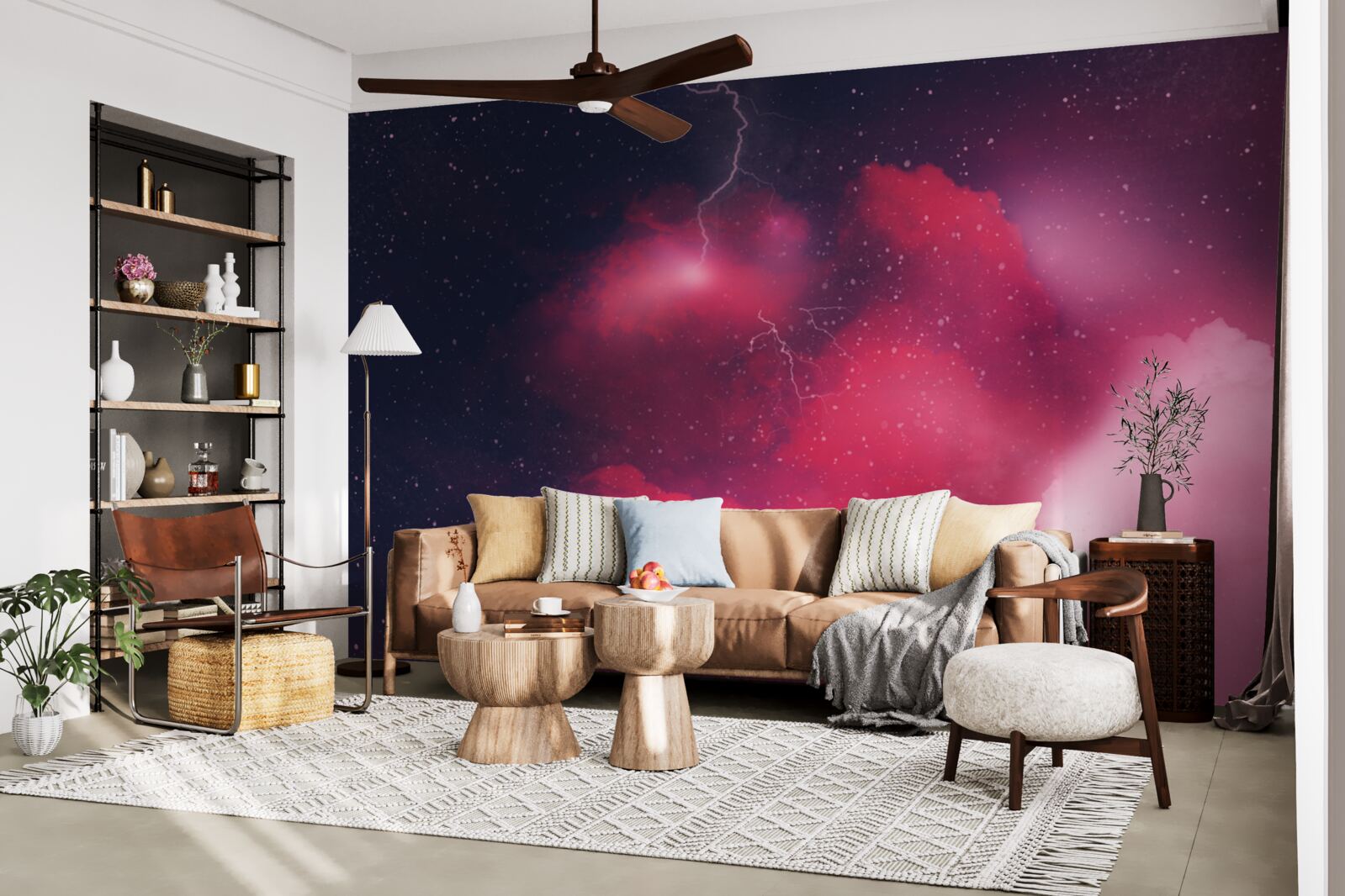 Fotobehang donderflitsen in scharlakenrode ruimte