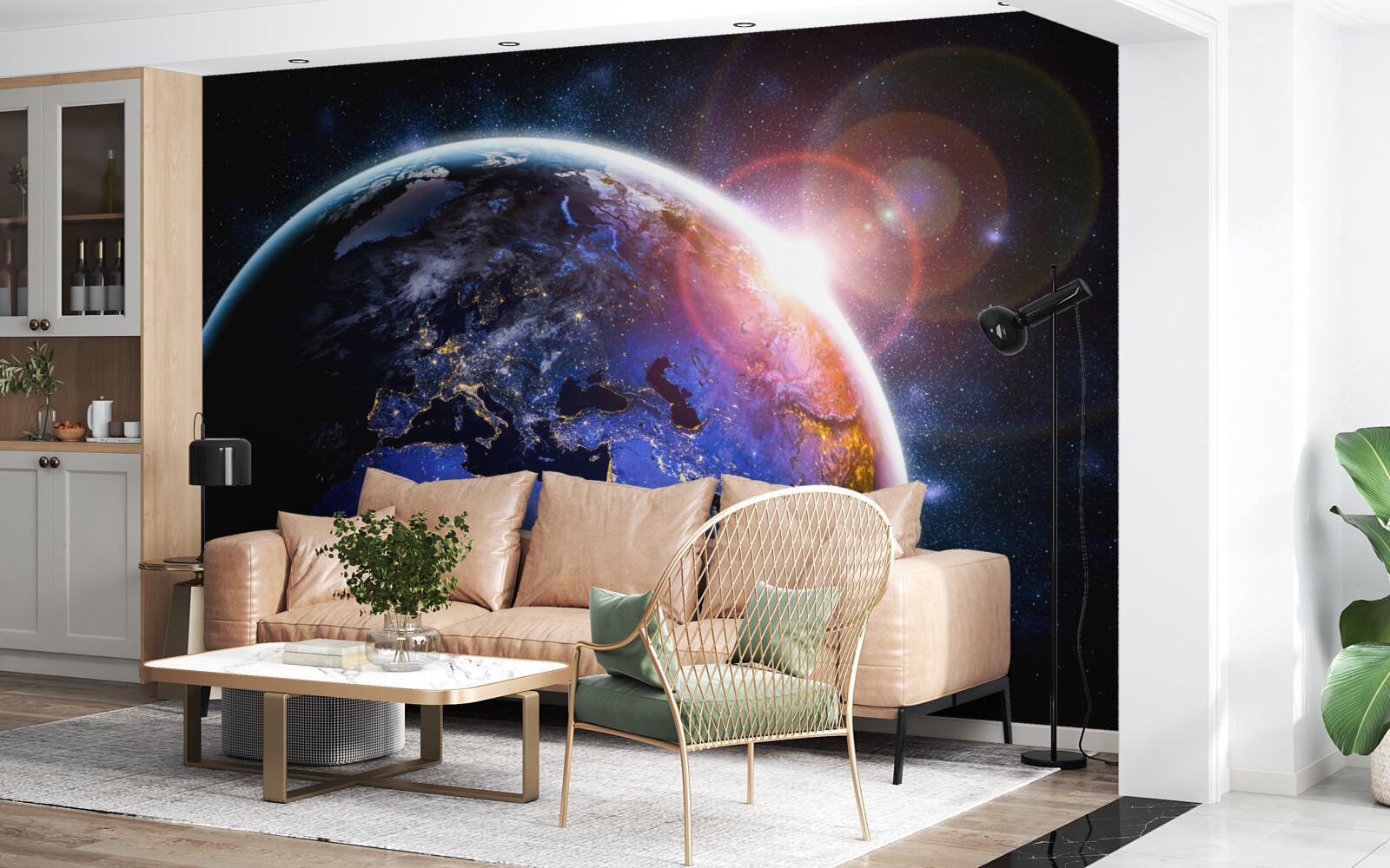 Fotobehang de zon gaat onder in haar heldere licht over de planeet