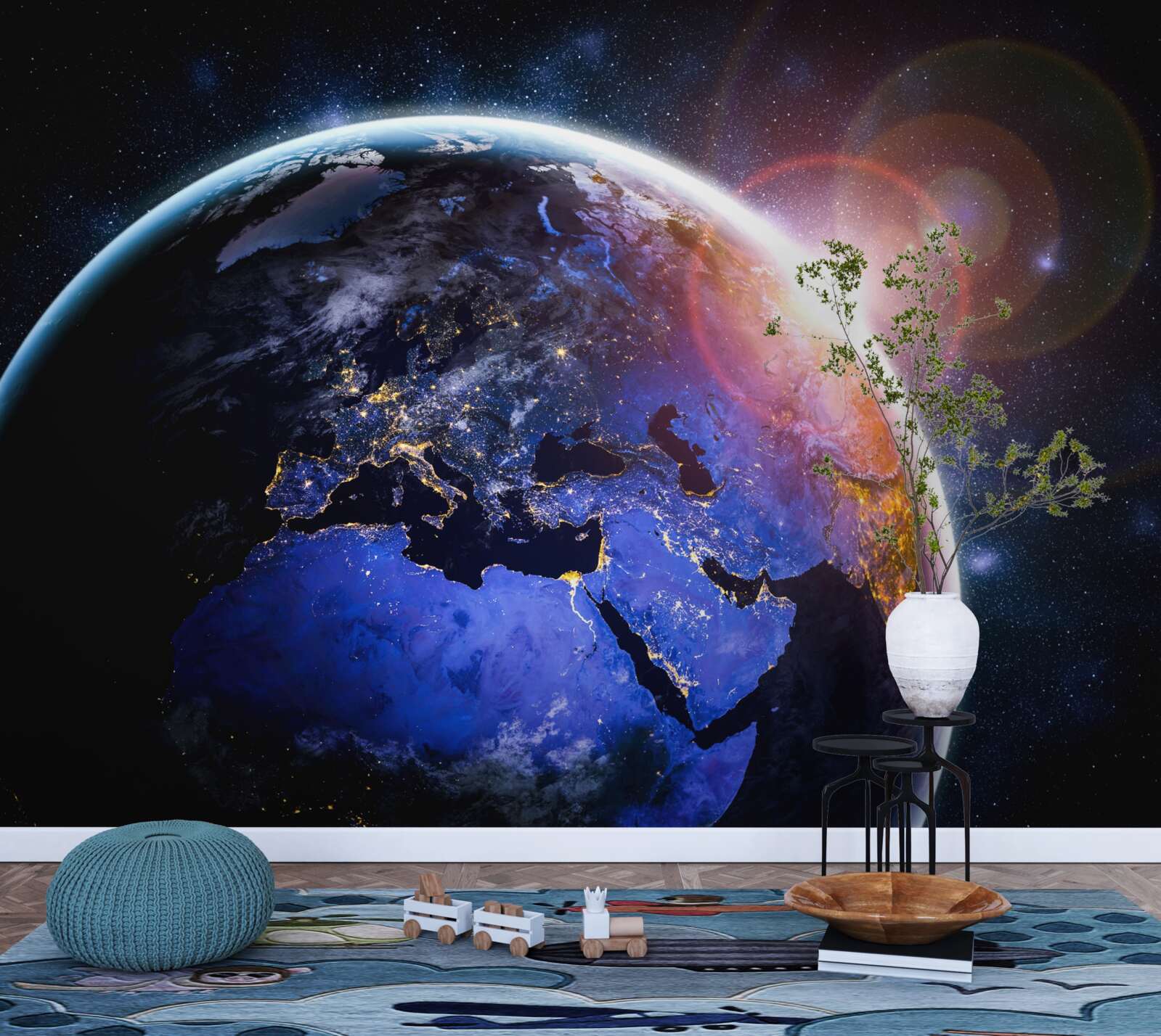 Fotobehang de zon gaat onder in haar heldere licht over de planeet