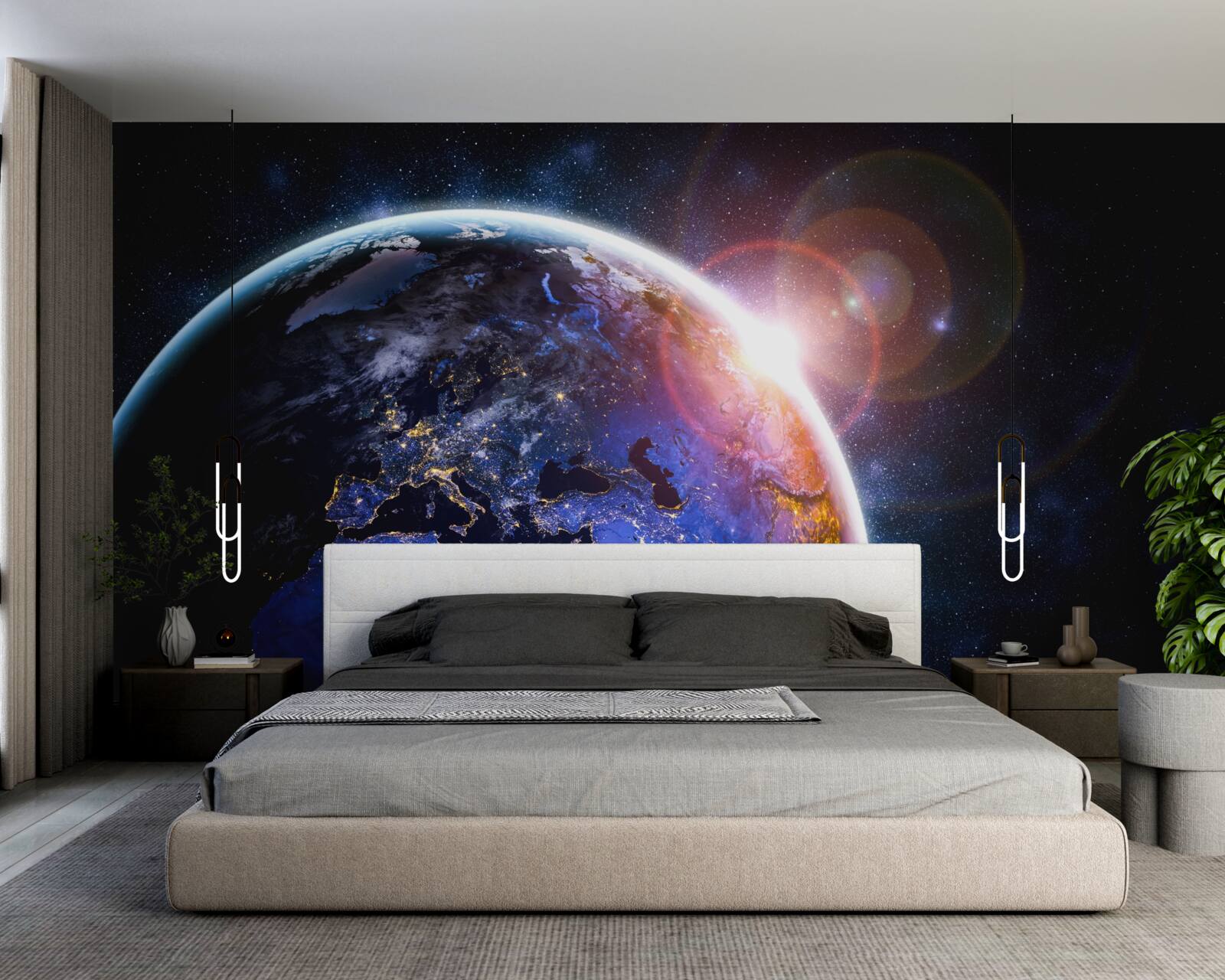 Fotobehang de zon gaat onder in haar heldere licht over de planeet