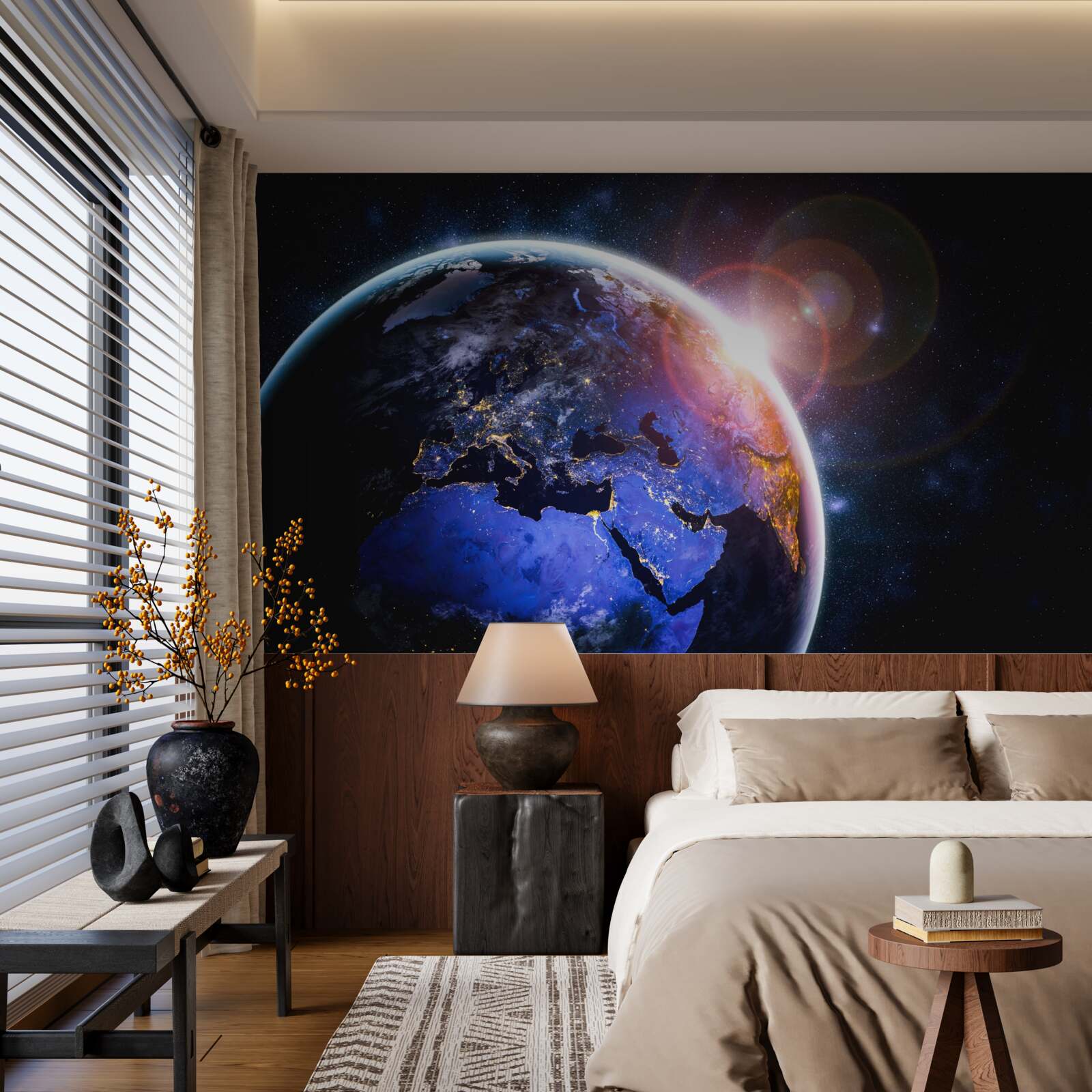 Fotobehang de zon gaat onder in haar heldere licht over de planeet