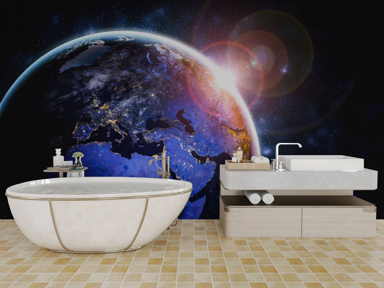 Fotobehang de zon gaat onder in haar heldere licht over de planeet