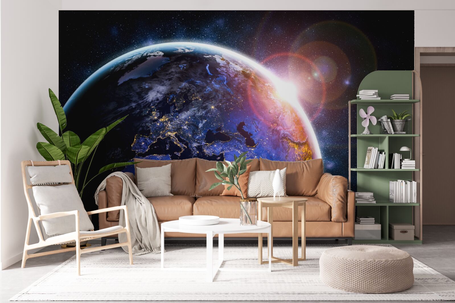 Fotobehang de zon gaat onder in haar heldere licht over de planeet