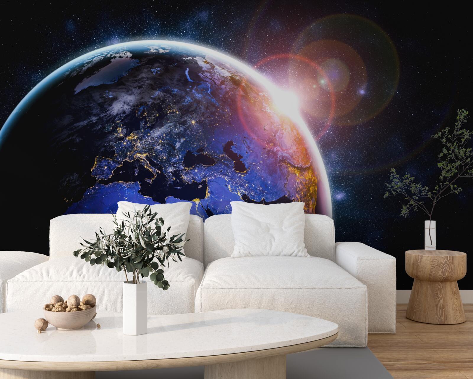 Fotobehang de zon gaat onder in haar heldere licht over de planeet