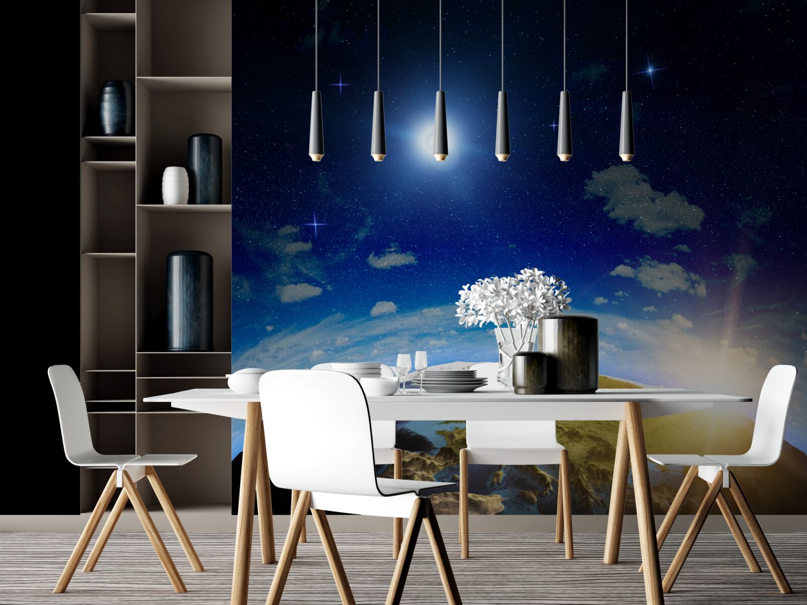 Fotobehang de zon die opkomt boven de planeet