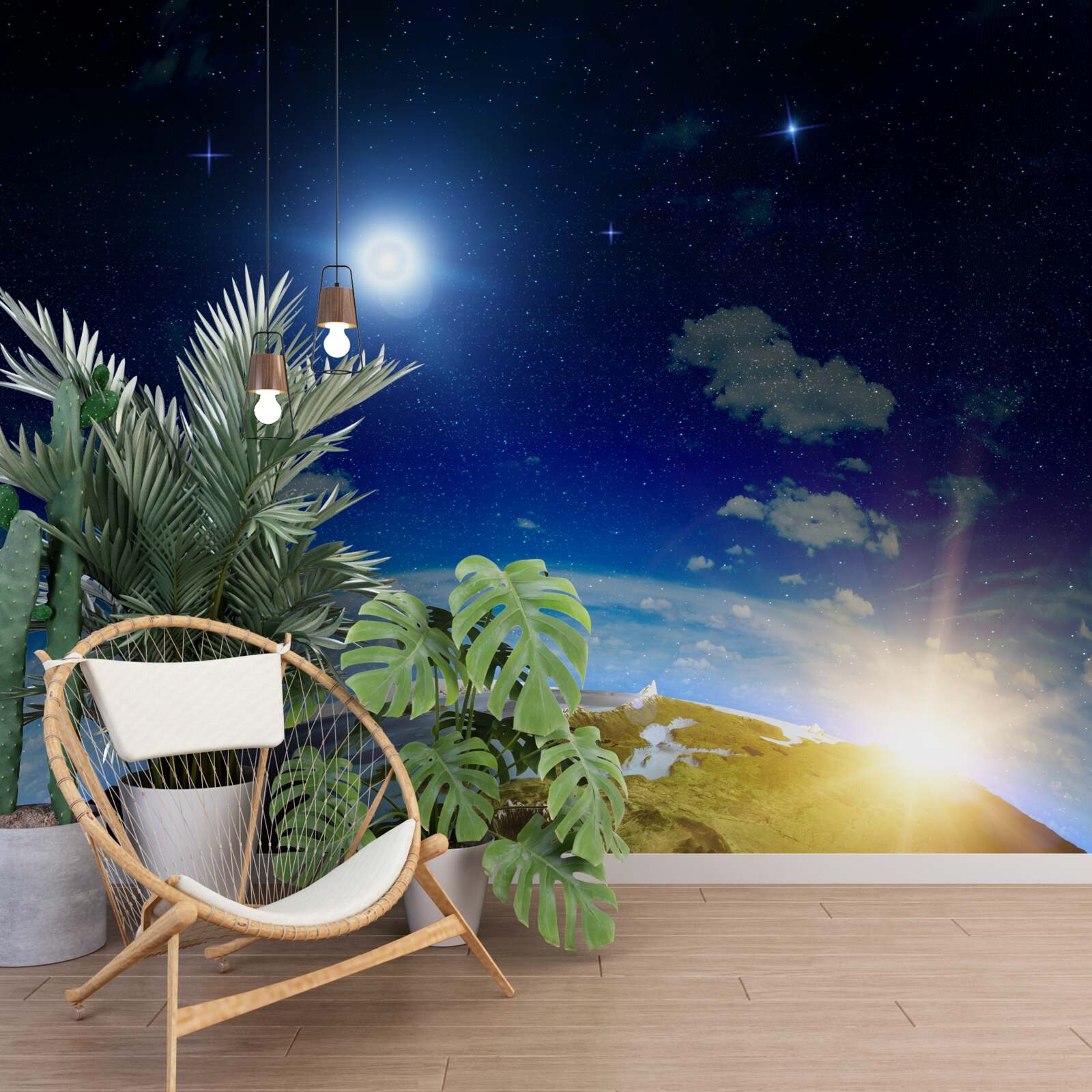 Fotobehang de zon die opkomt boven de planeet