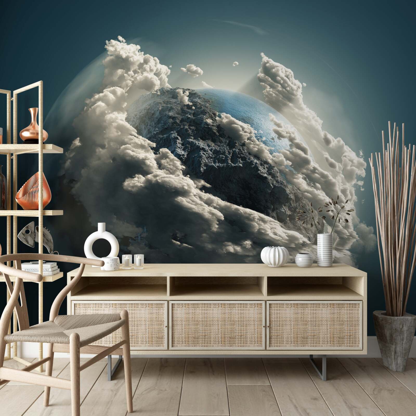 Fotobehang dichte wolken verdwijnen en onthullen een zicht op de grond