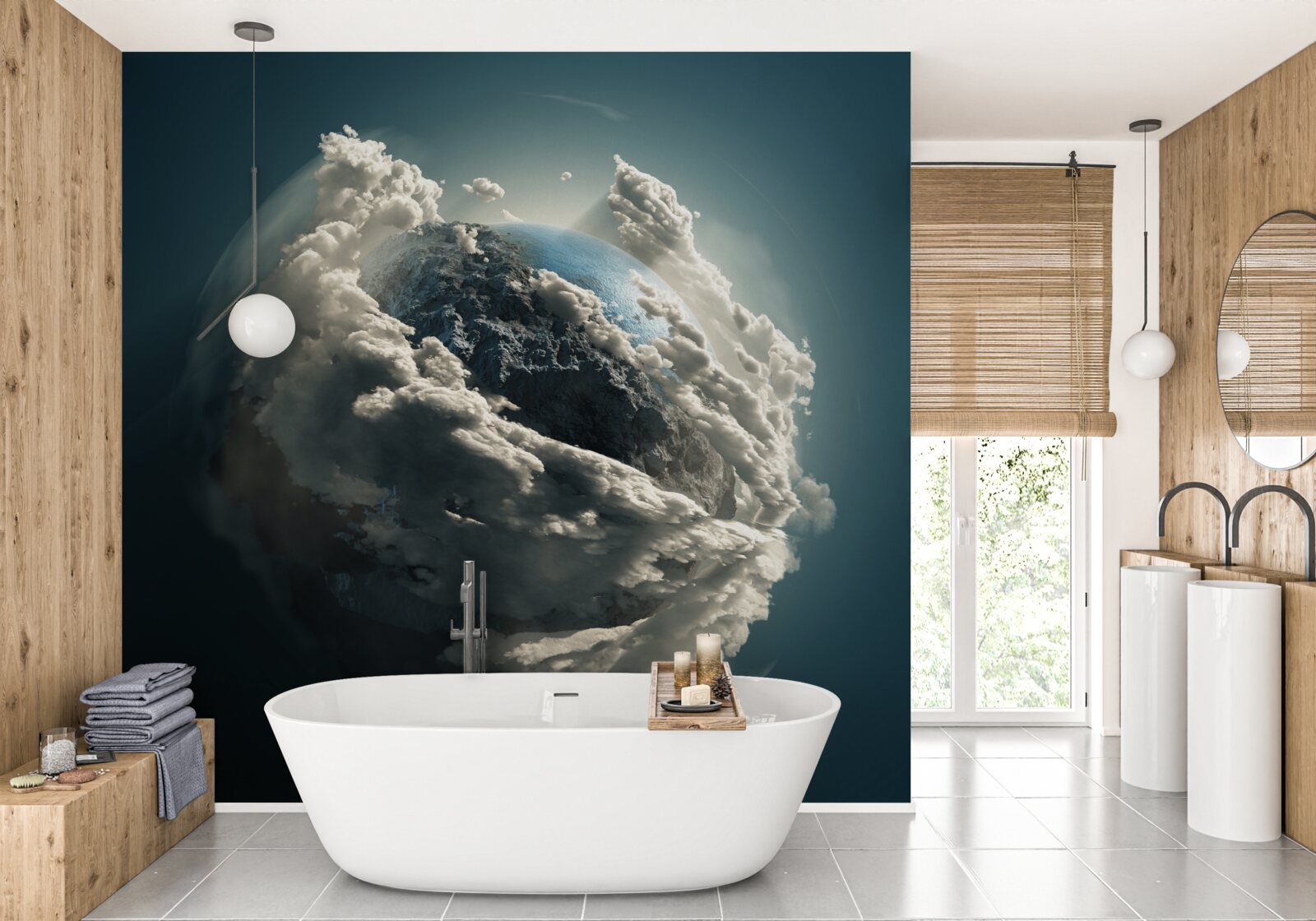 Fotobehang dichte wolken verdwijnen en onthullen een zicht op de grond