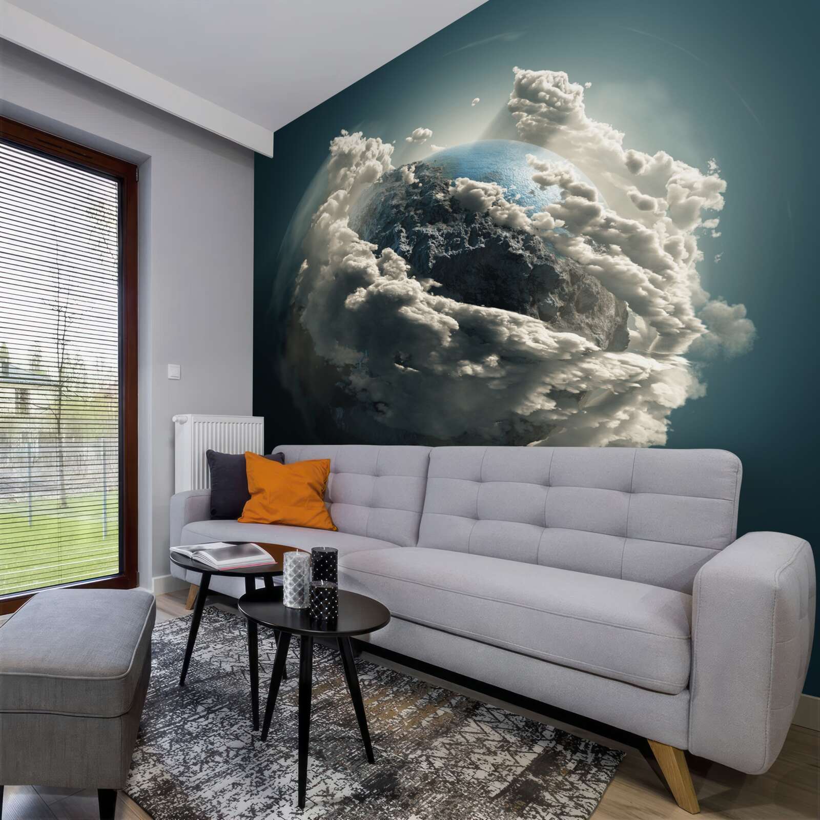 Fotobehang dichte wolken verdwijnen en onthullen een zicht op de grond