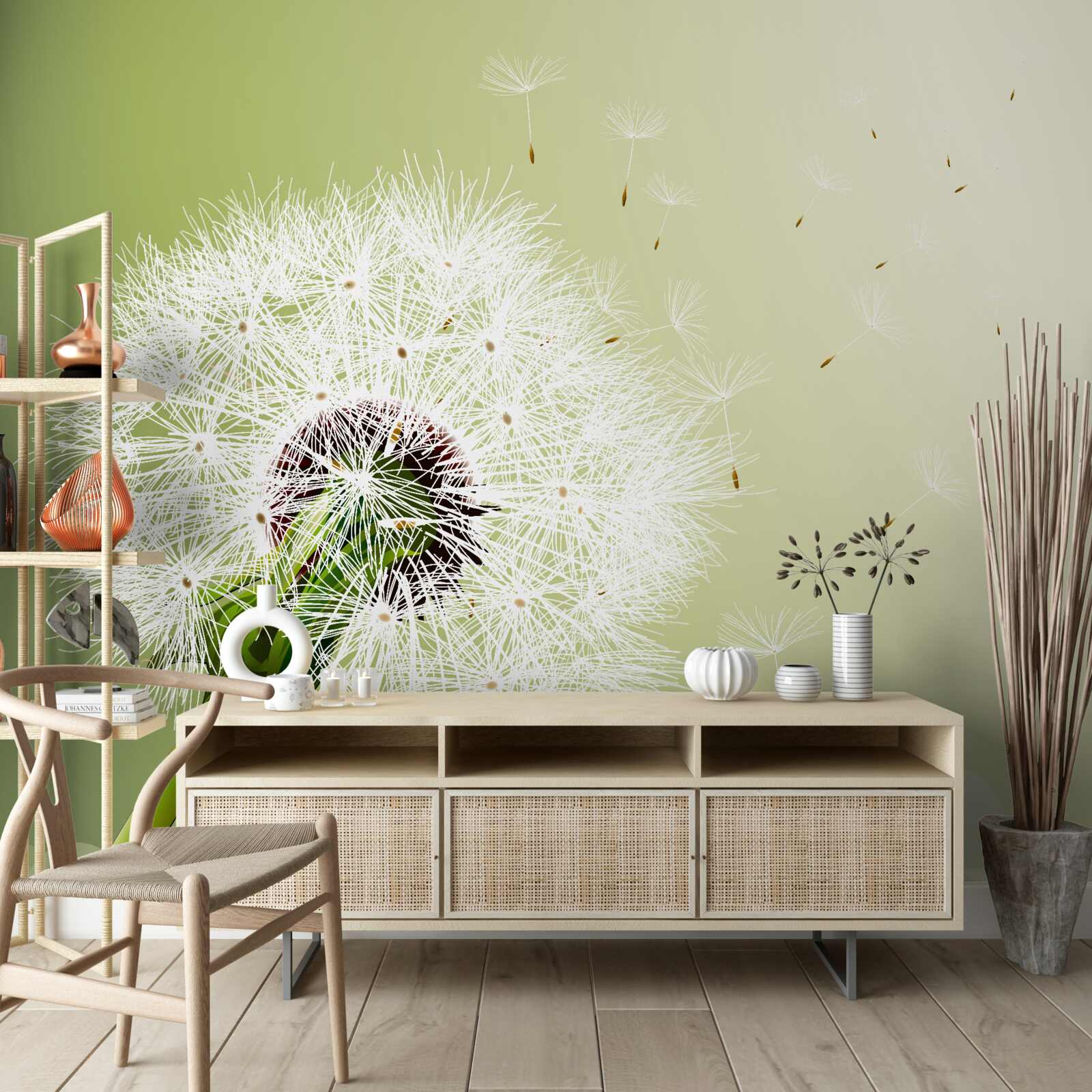 Fotobehang witte paardenbloem vliegend in de lucht