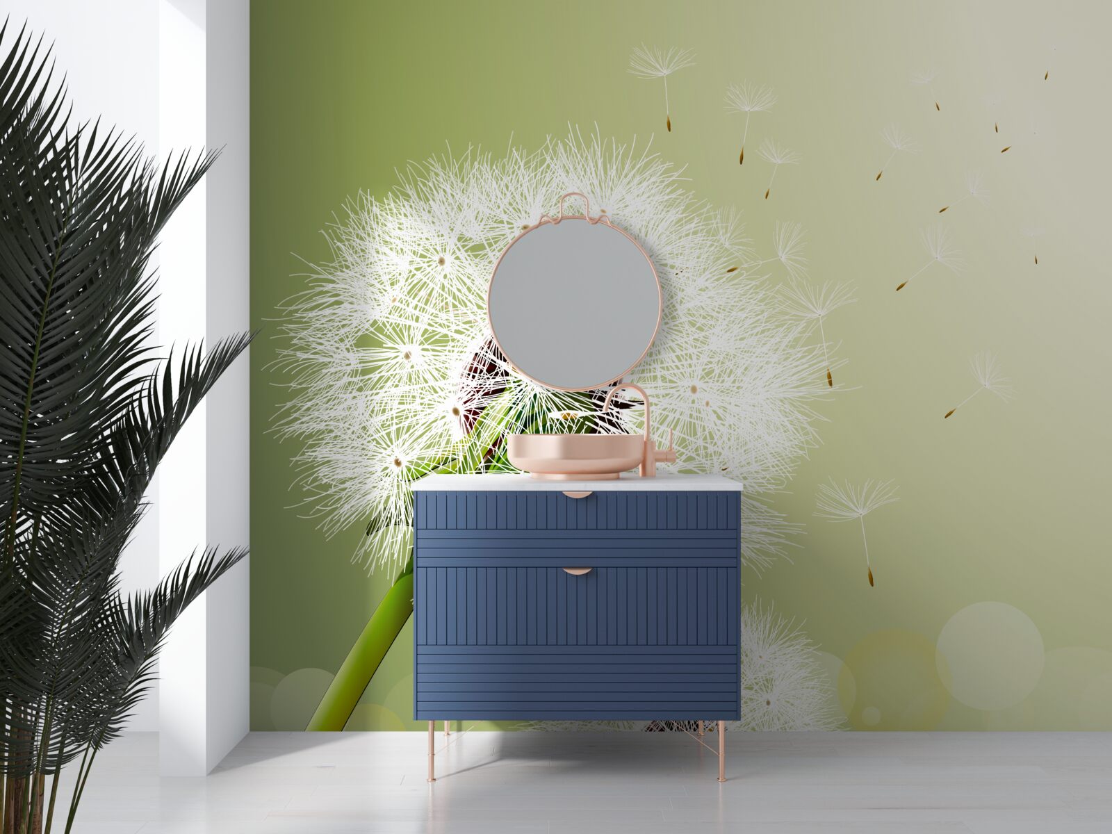 Fotobehang witte paardenbloem vliegend in de lucht