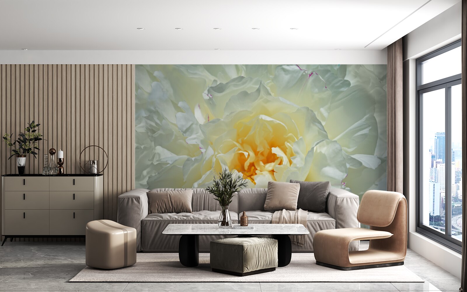 Fotobehang close-up van een witte pioen