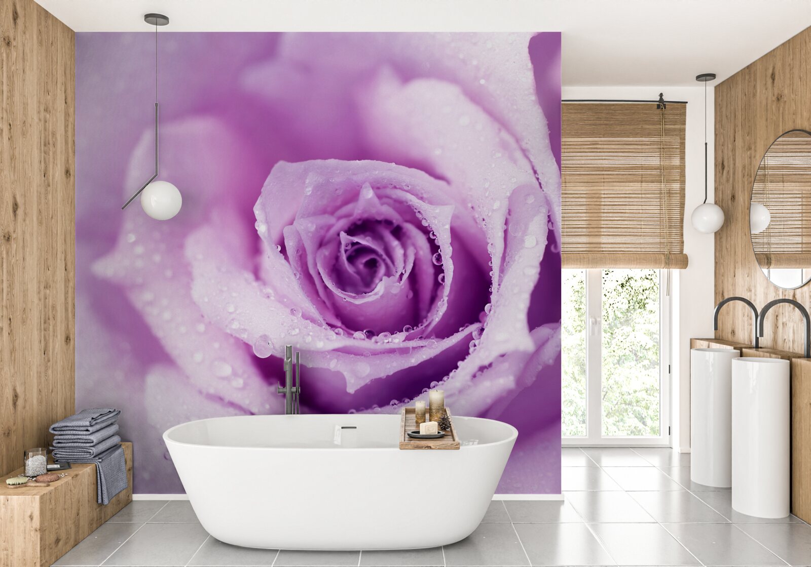 Fotobehang roos met lila tint na regenval