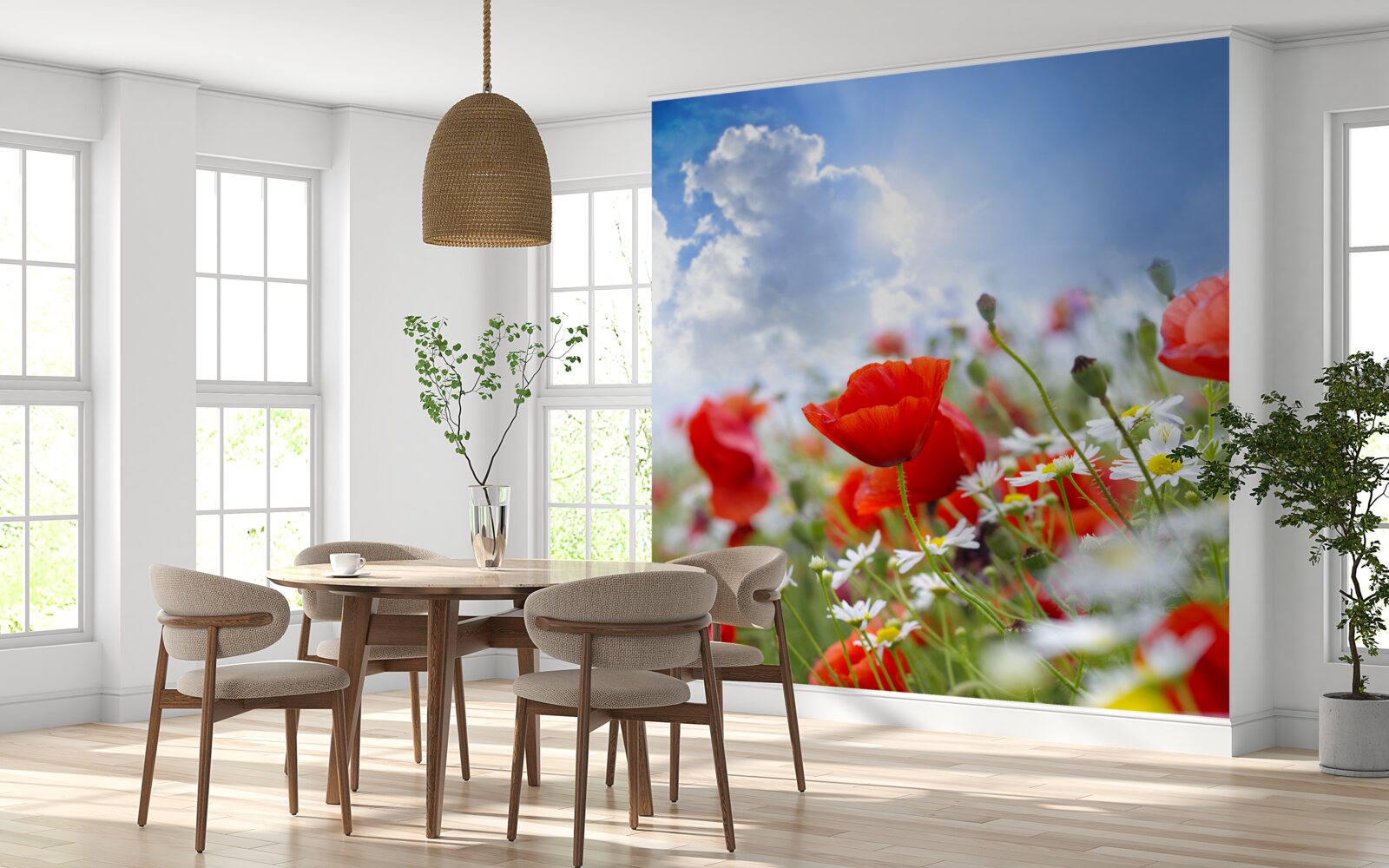 Fotobehang veldbloemen met heldere klaprozen