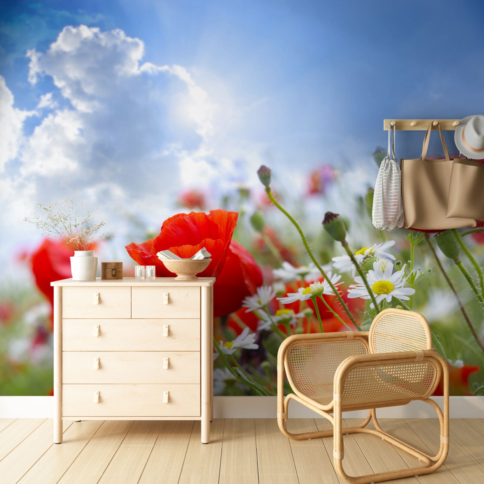 Fotobehang veldbloemen met heldere klaprozen