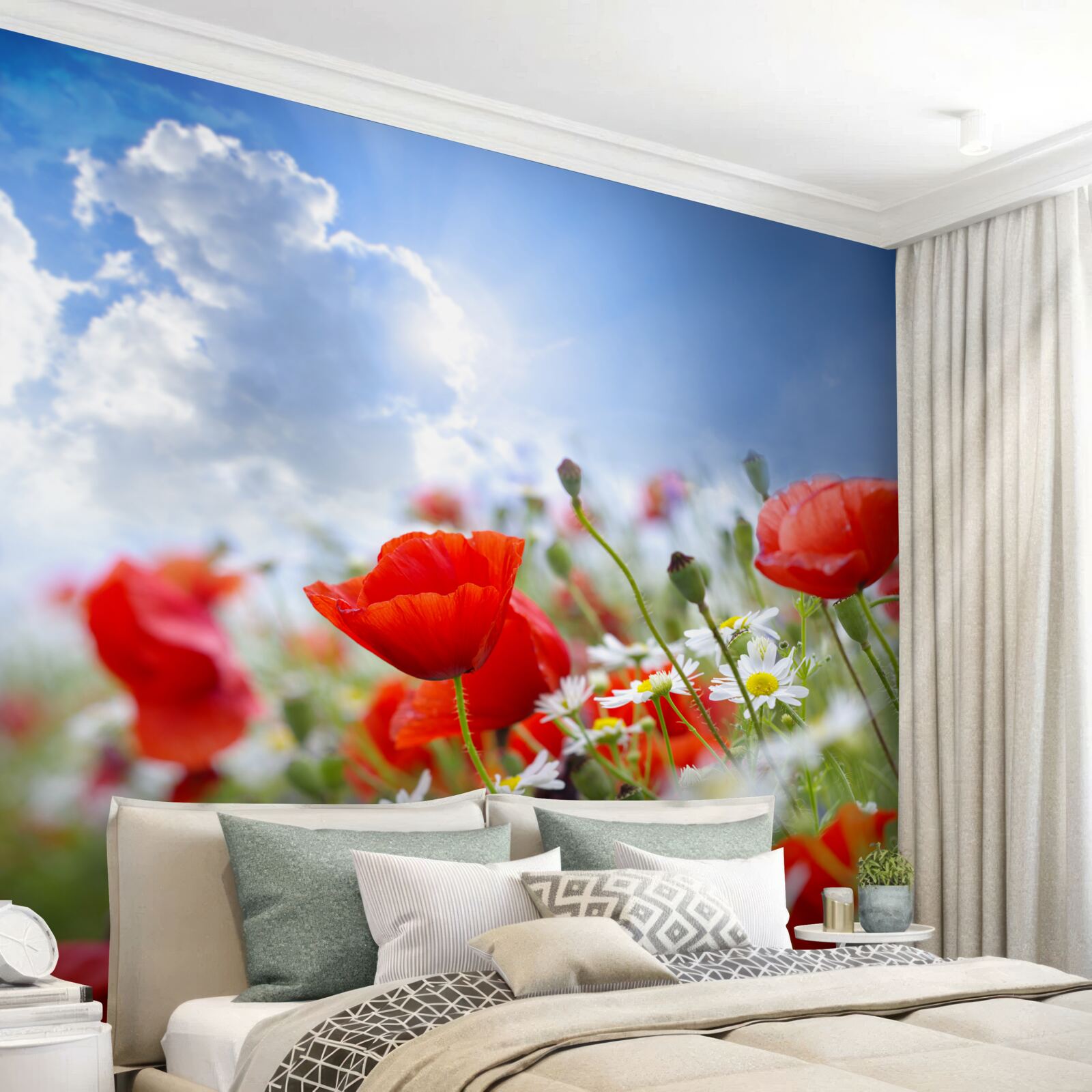 Fotobehang veldbloemen met heldere klaprozen