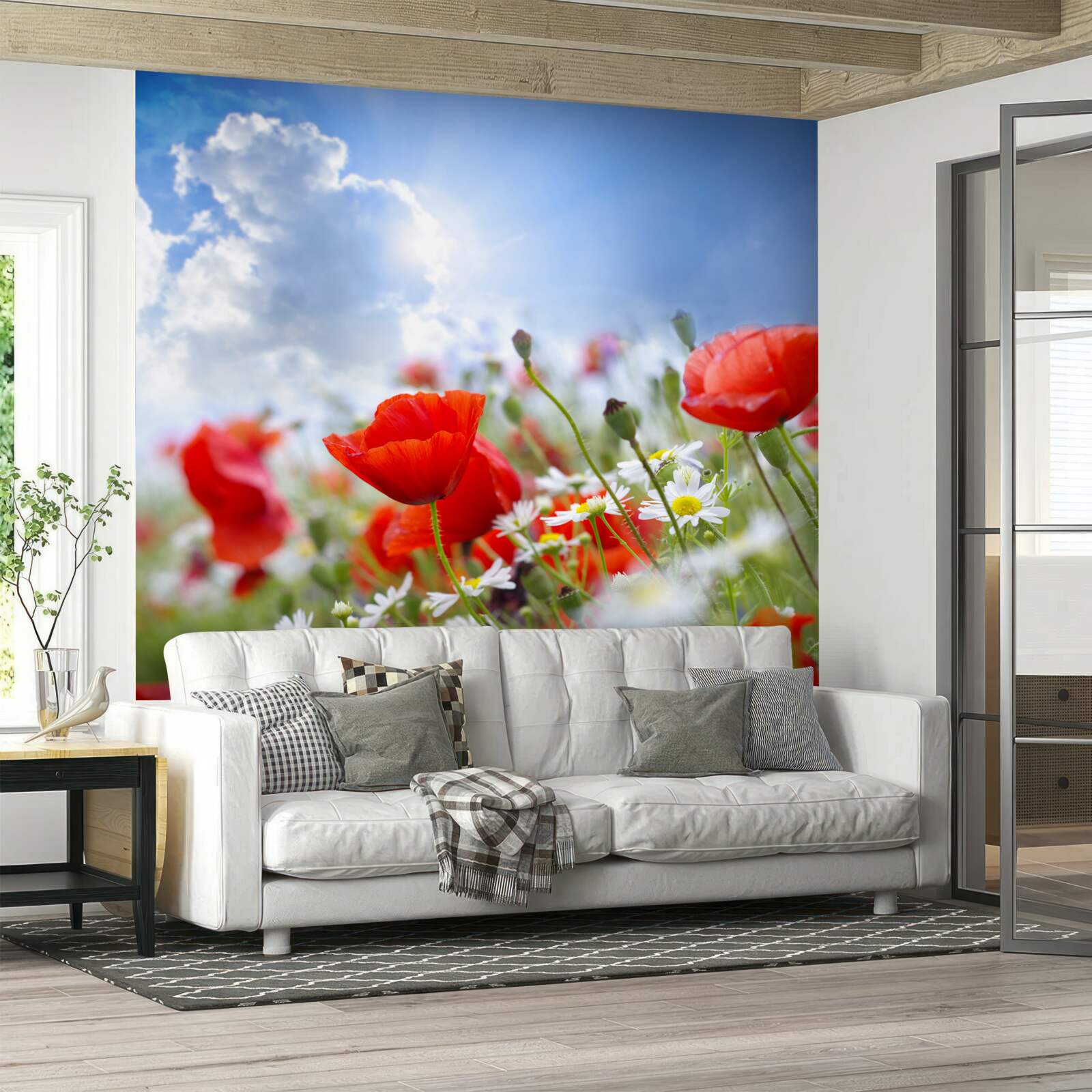 Fotobehang veldbloemen met heldere klaprozen