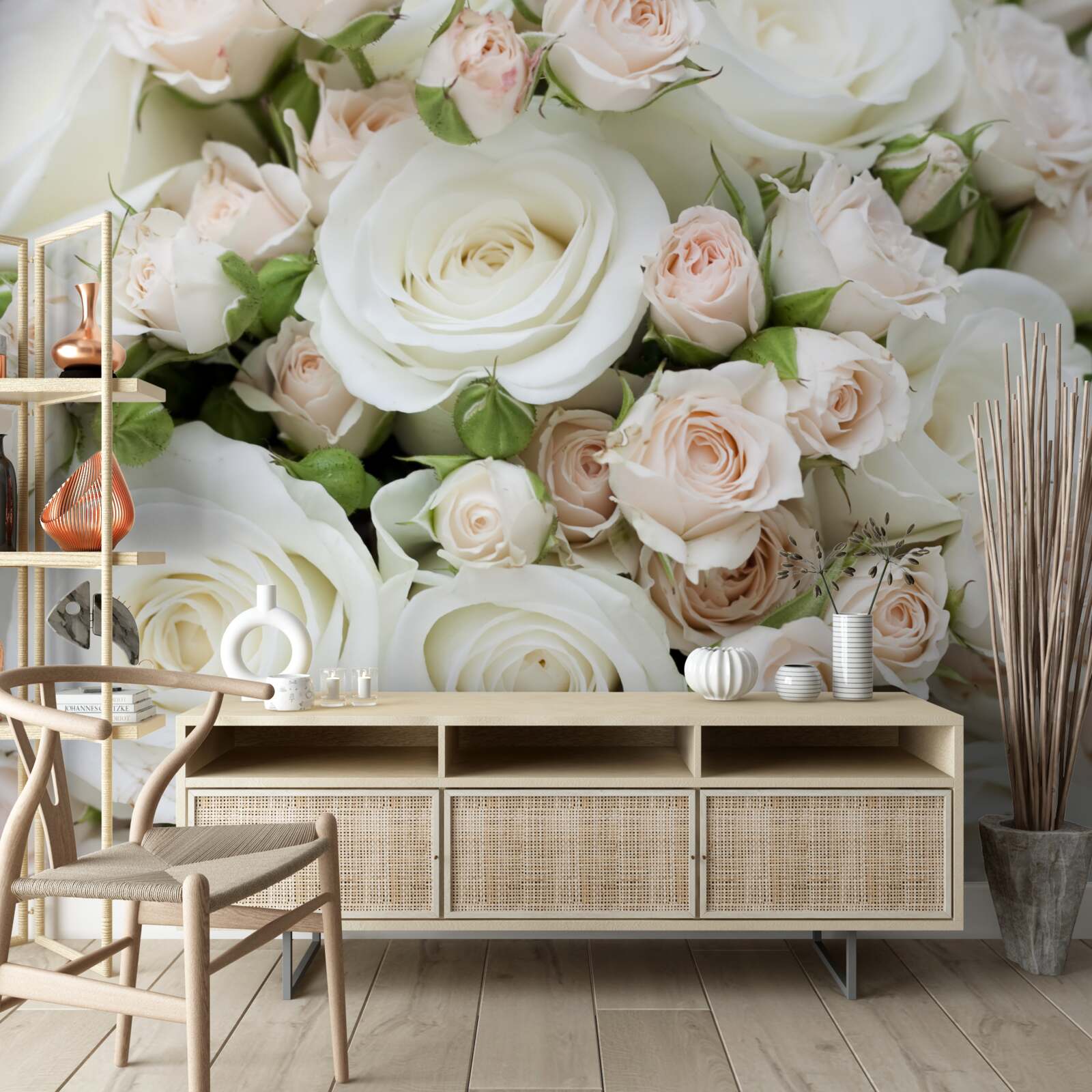 Fotobehang boeket bevat beige en witte trosrozen