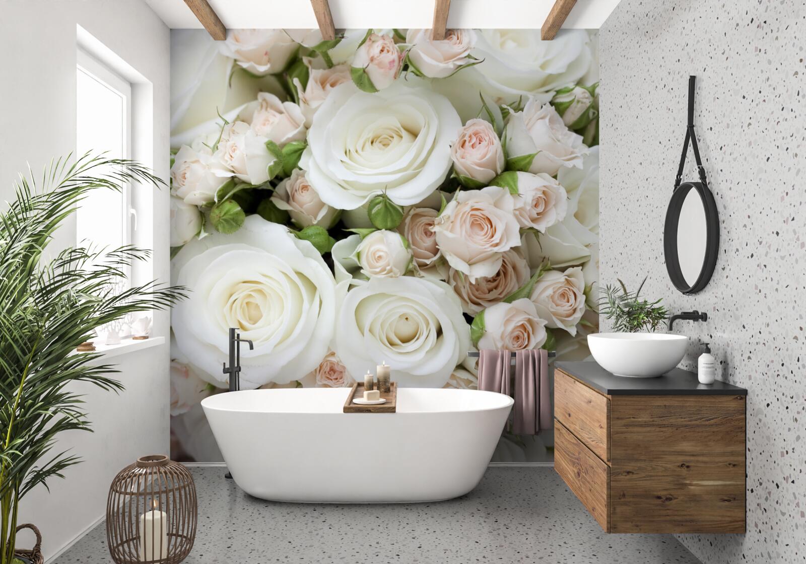 Fotobehang boeket bevat beige en witte trosrozen