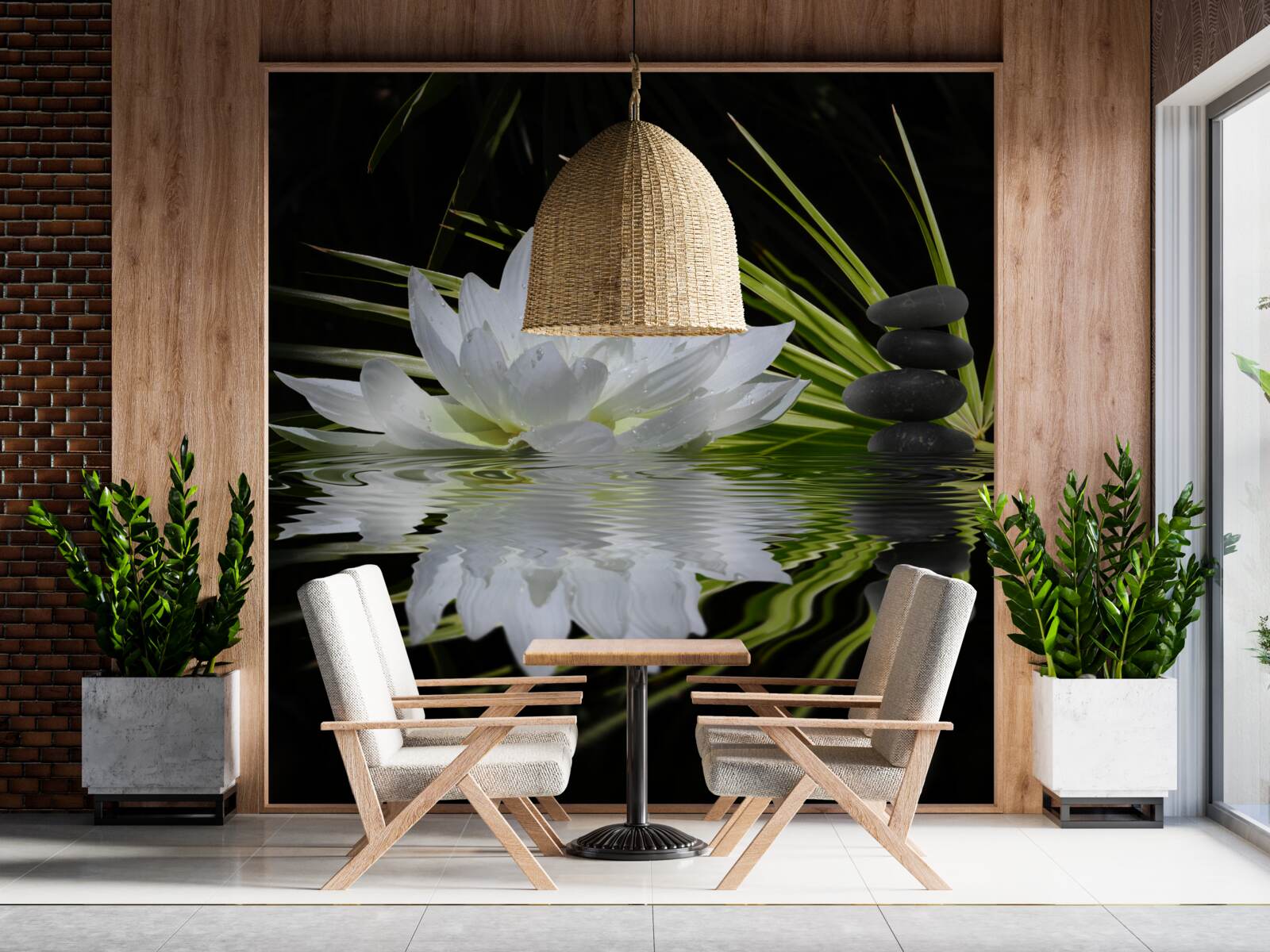 Fotobehang stenen en witte lotussen