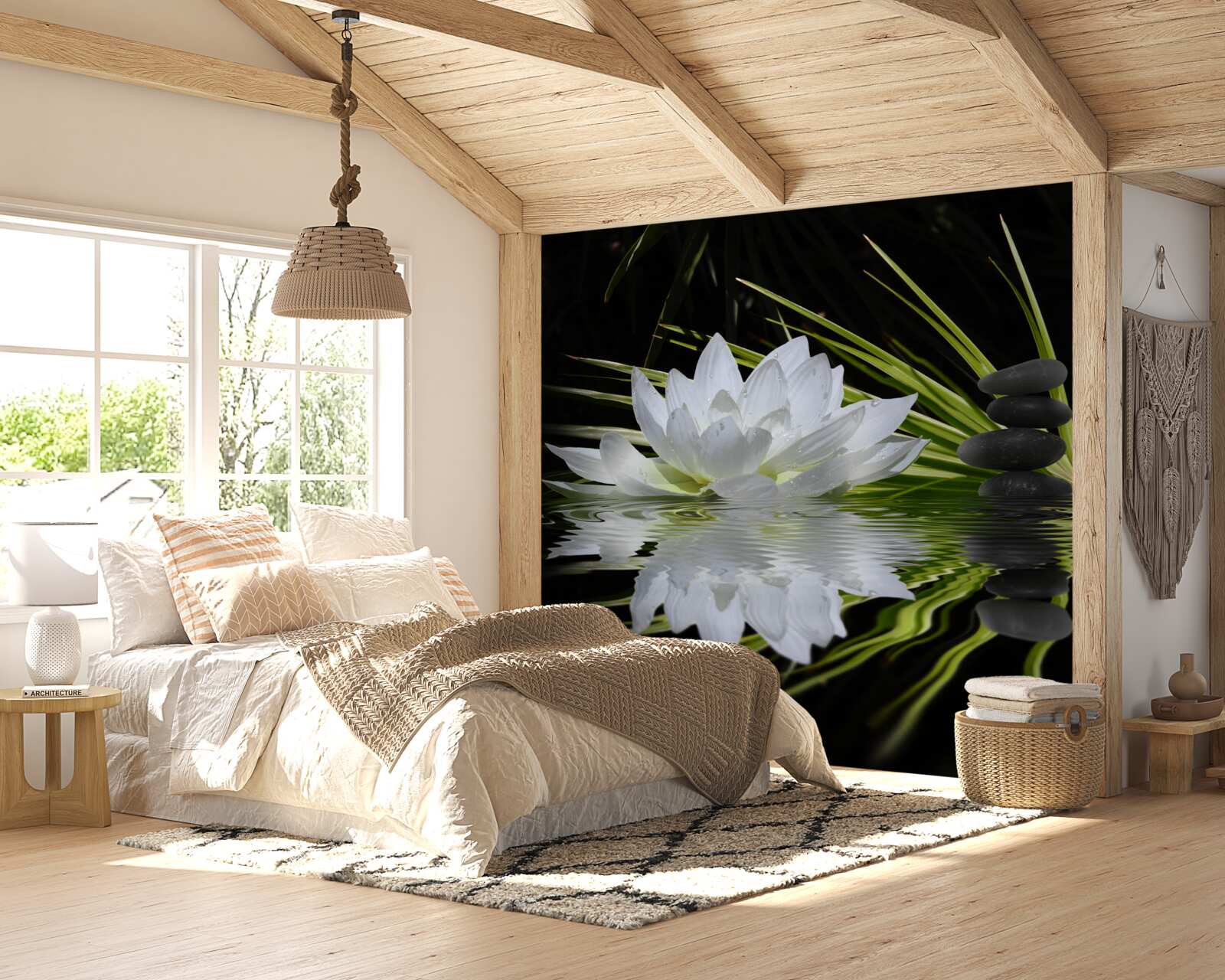 Fotobehang stenen en witte lotussen