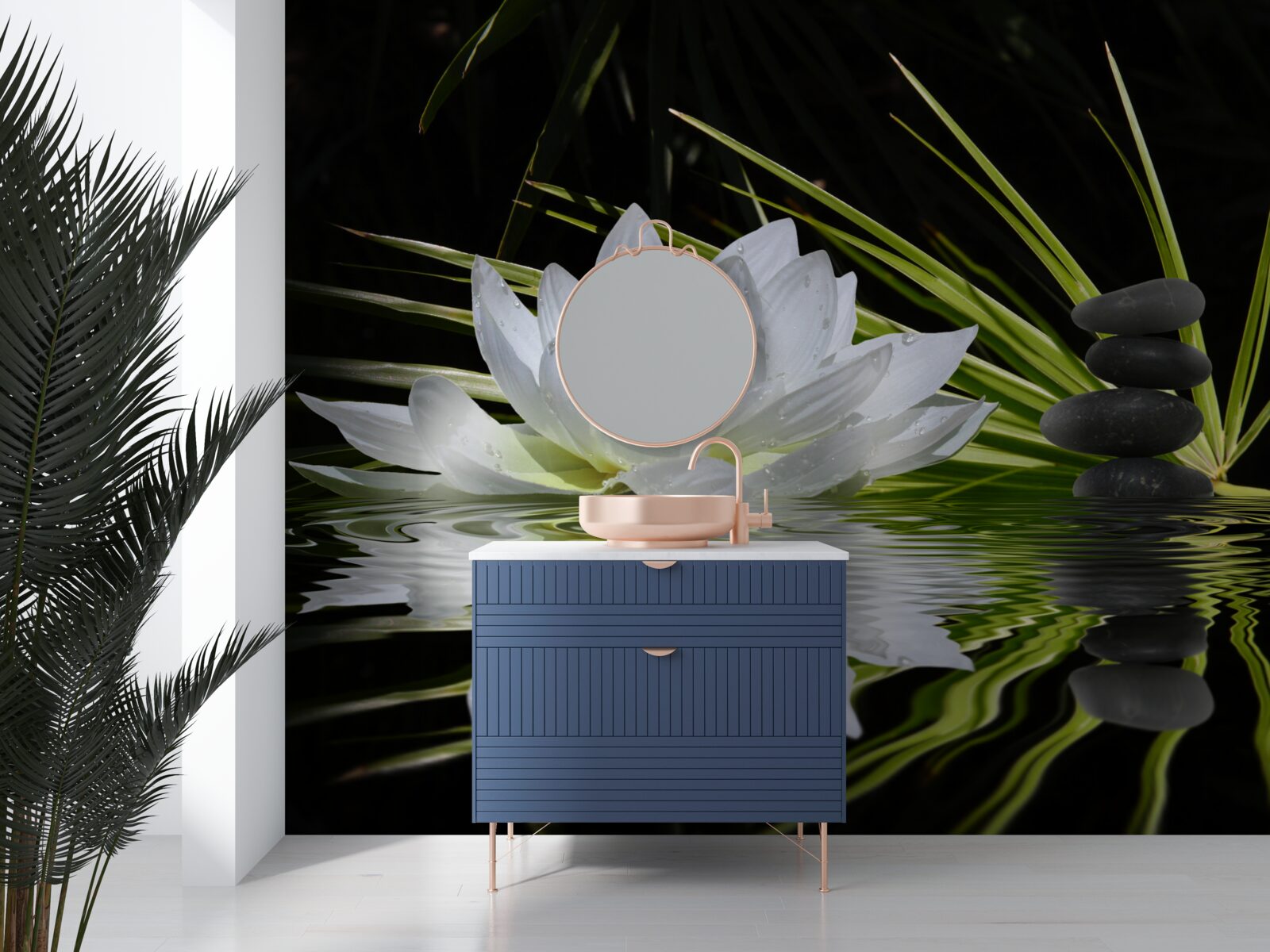 Fotobehang stenen en witte lotussen