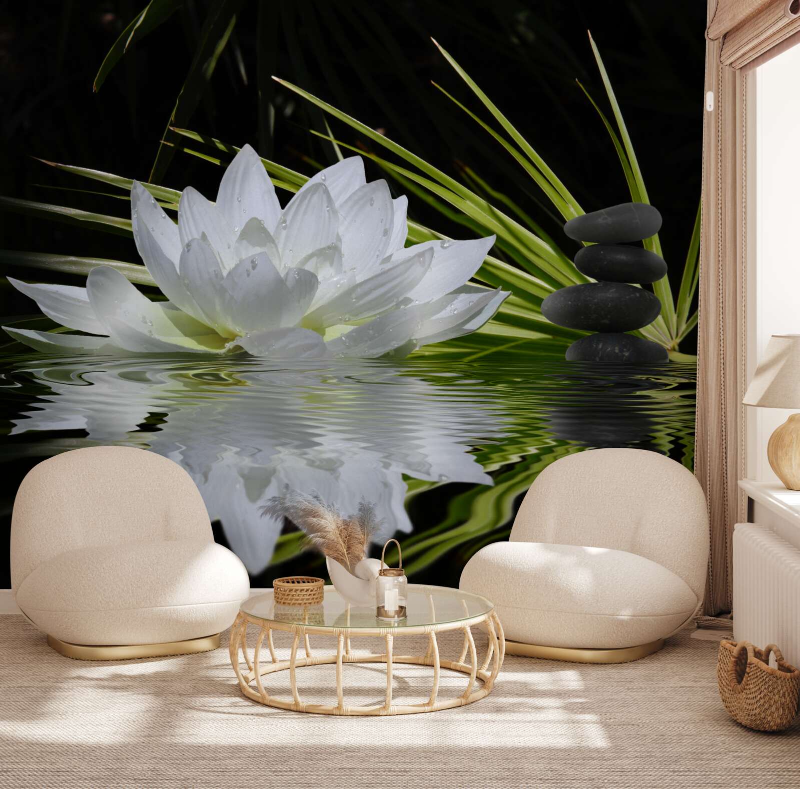 Fotobehang stenen en witte lotussen