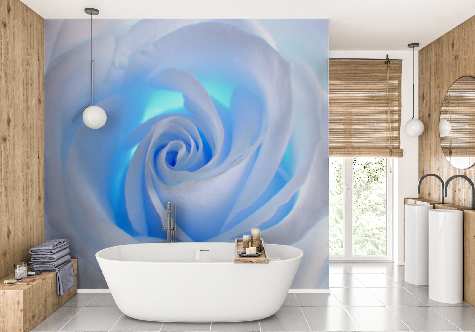 Fotobehang blauw licht dat door de tere witte roos schijnt