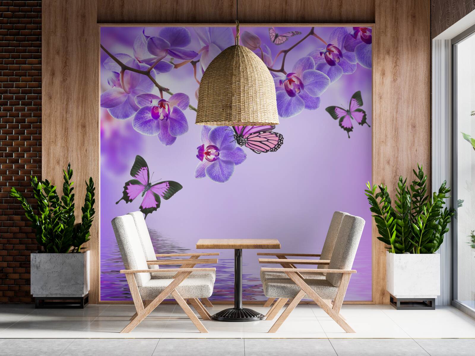 Fotobehang vlinders en paarse orchidee