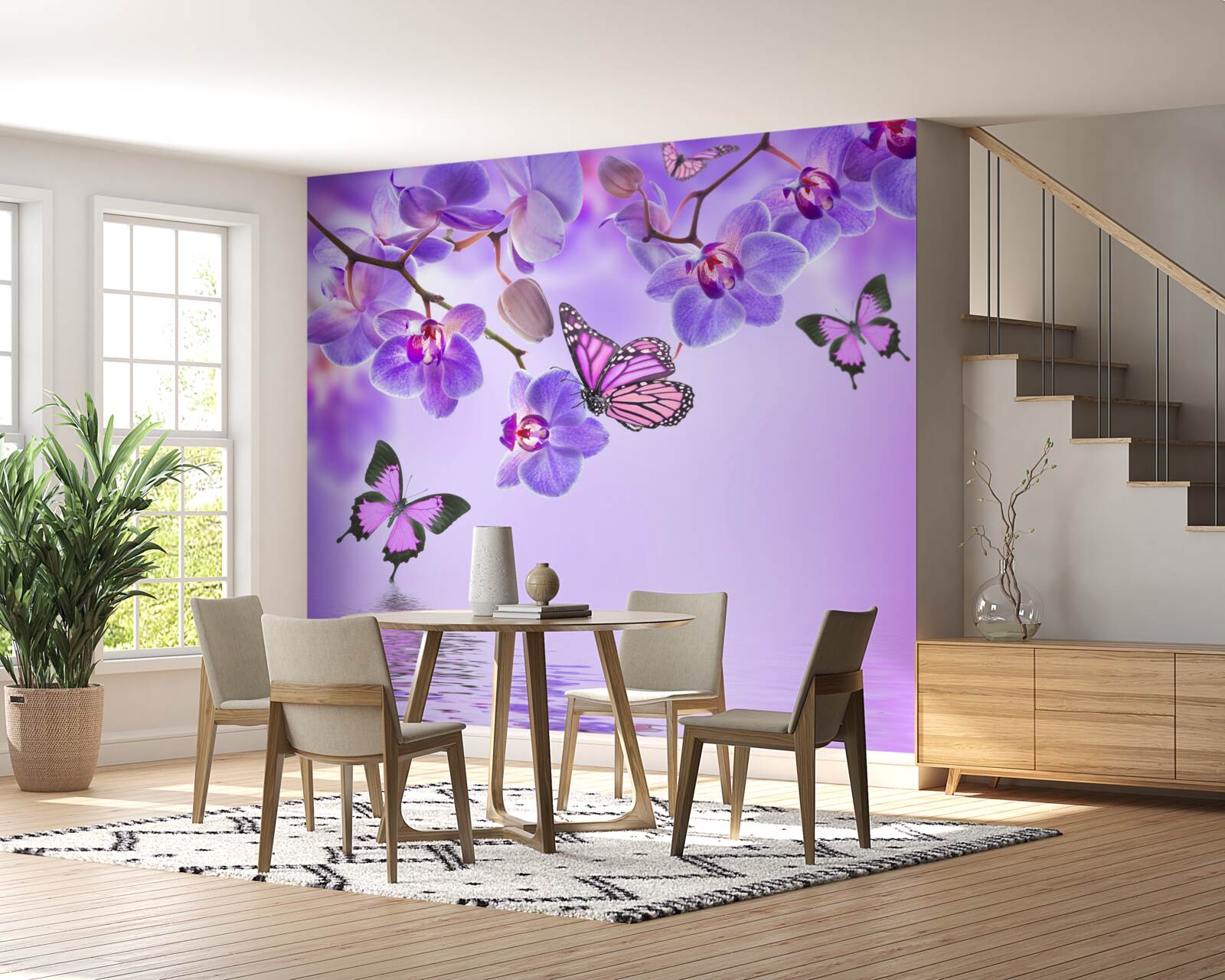 Fotobehang vlinders en paarse orchidee