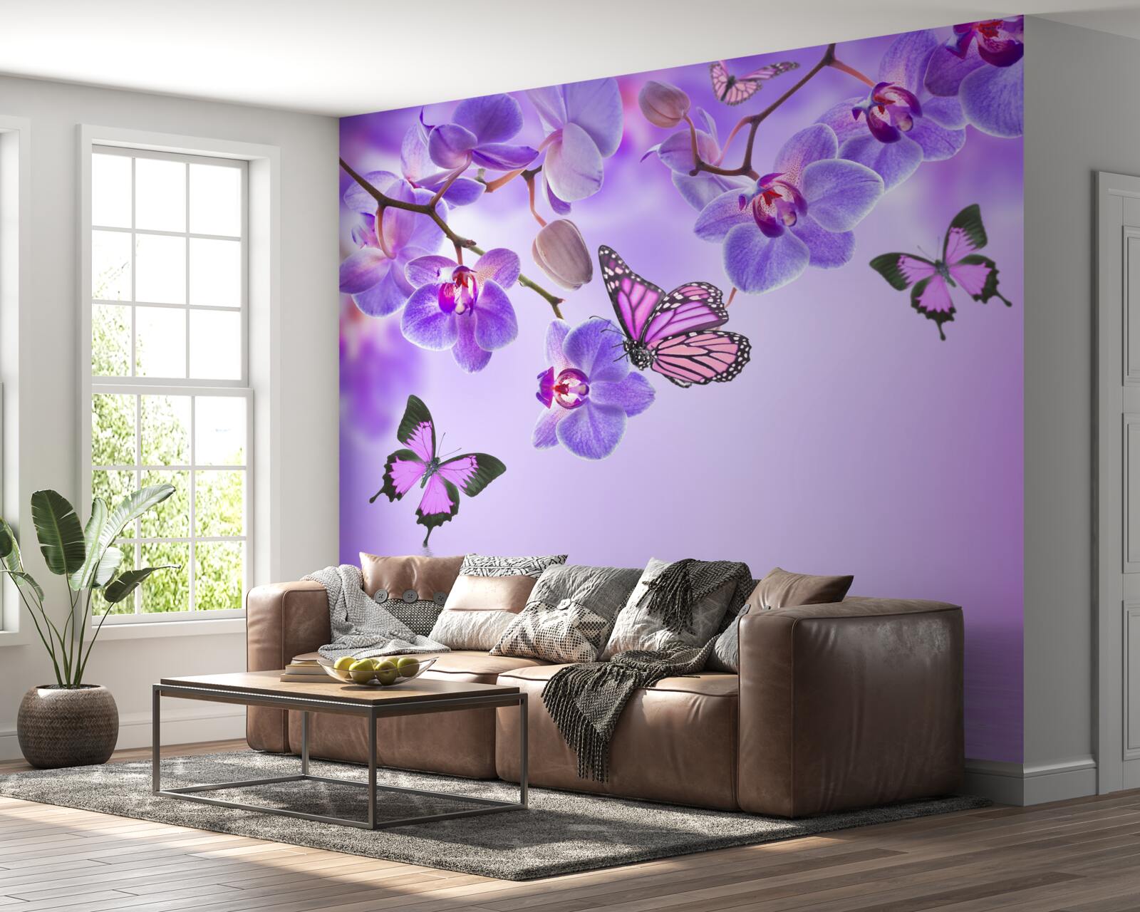 Fotobehang vlinders en paarse orchidee
