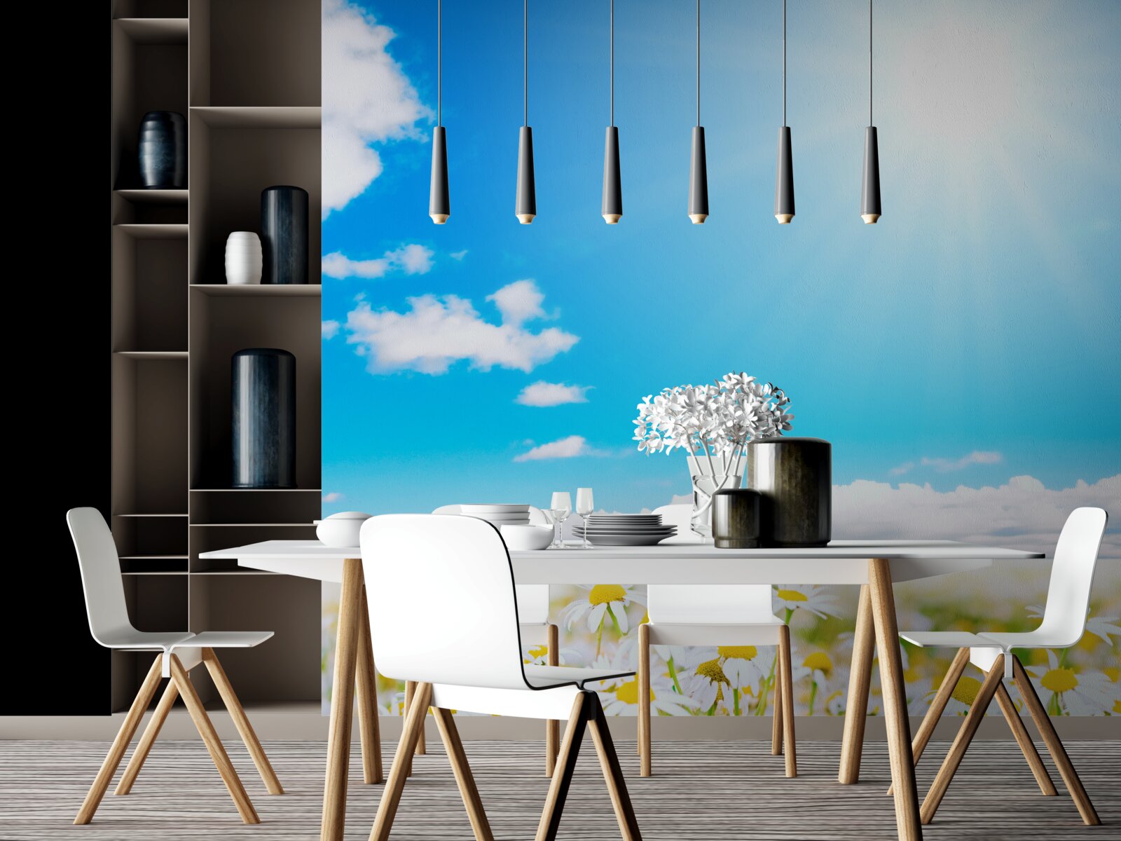 Fotobehang Zonlicht verlicht een veld met overvloedige madeliefjes