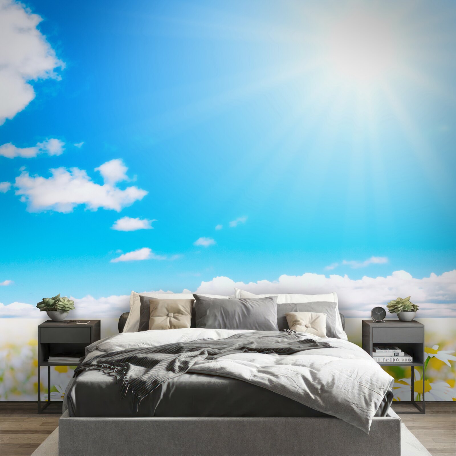 Fotobehang Zonlicht verlicht een veld met overvloedige madeliefjes