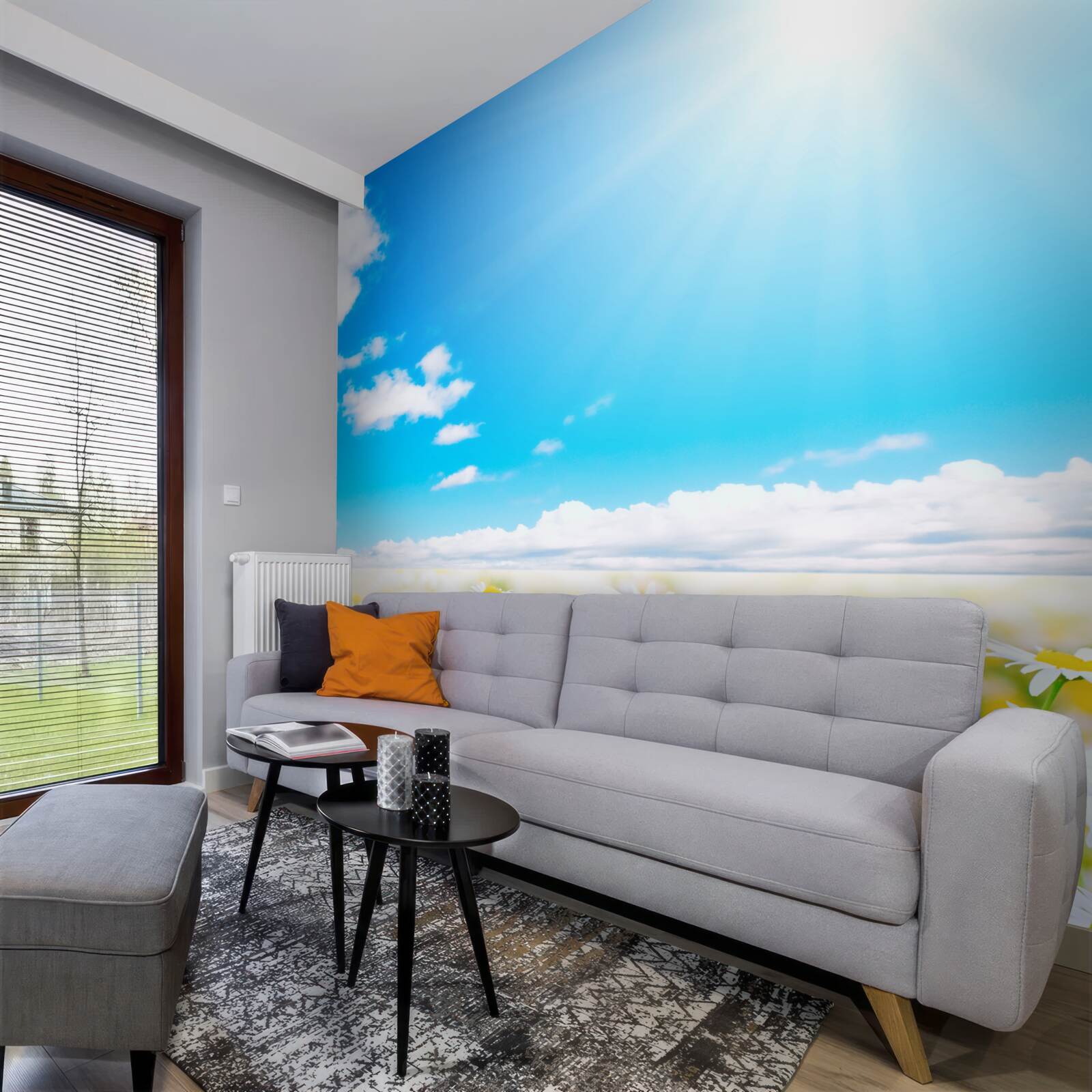 Fotobehang Zonlicht verlicht een veld met overvloedige madeliefjes