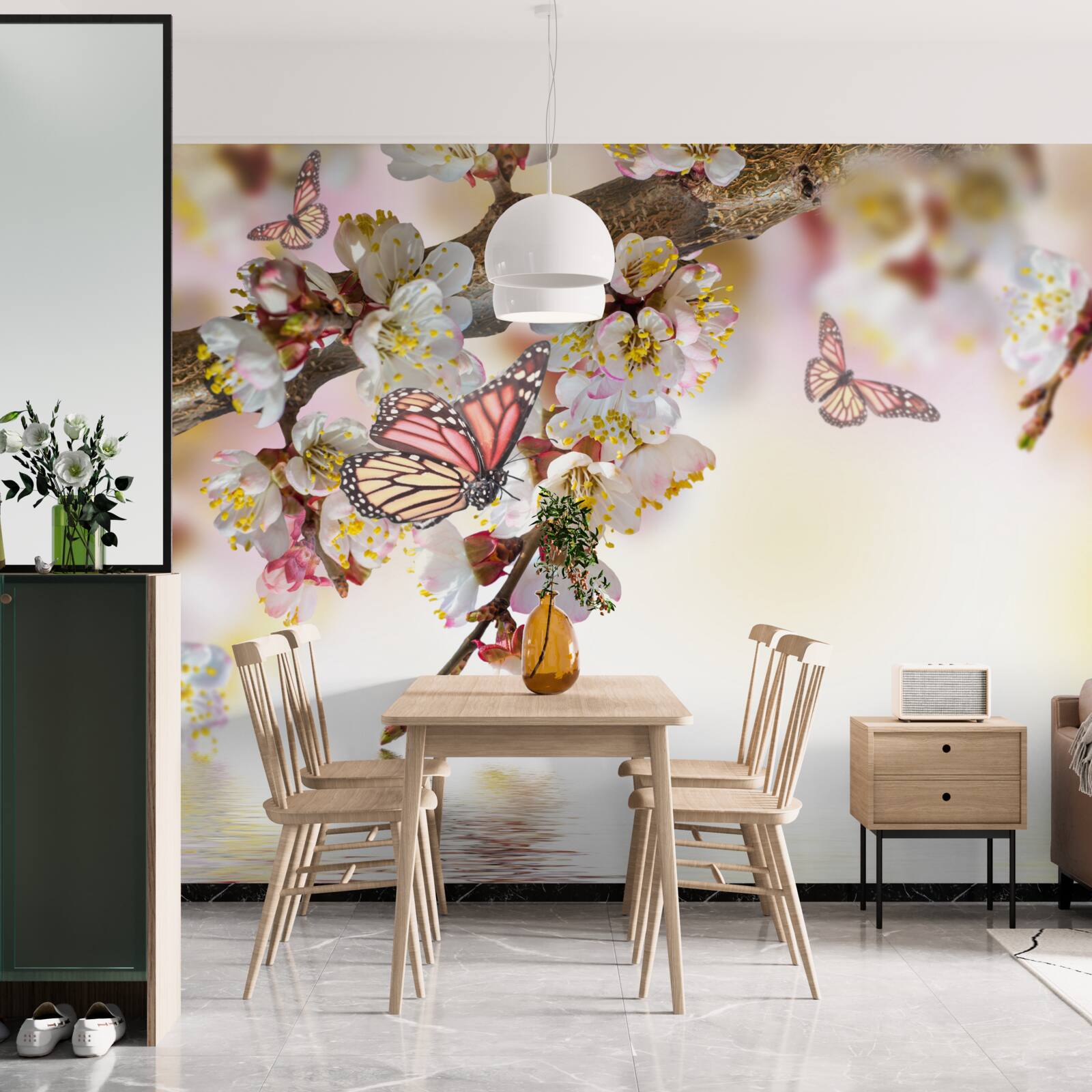 Fotobehang sakurabloemen zijn een thuis geworden voor vlinders