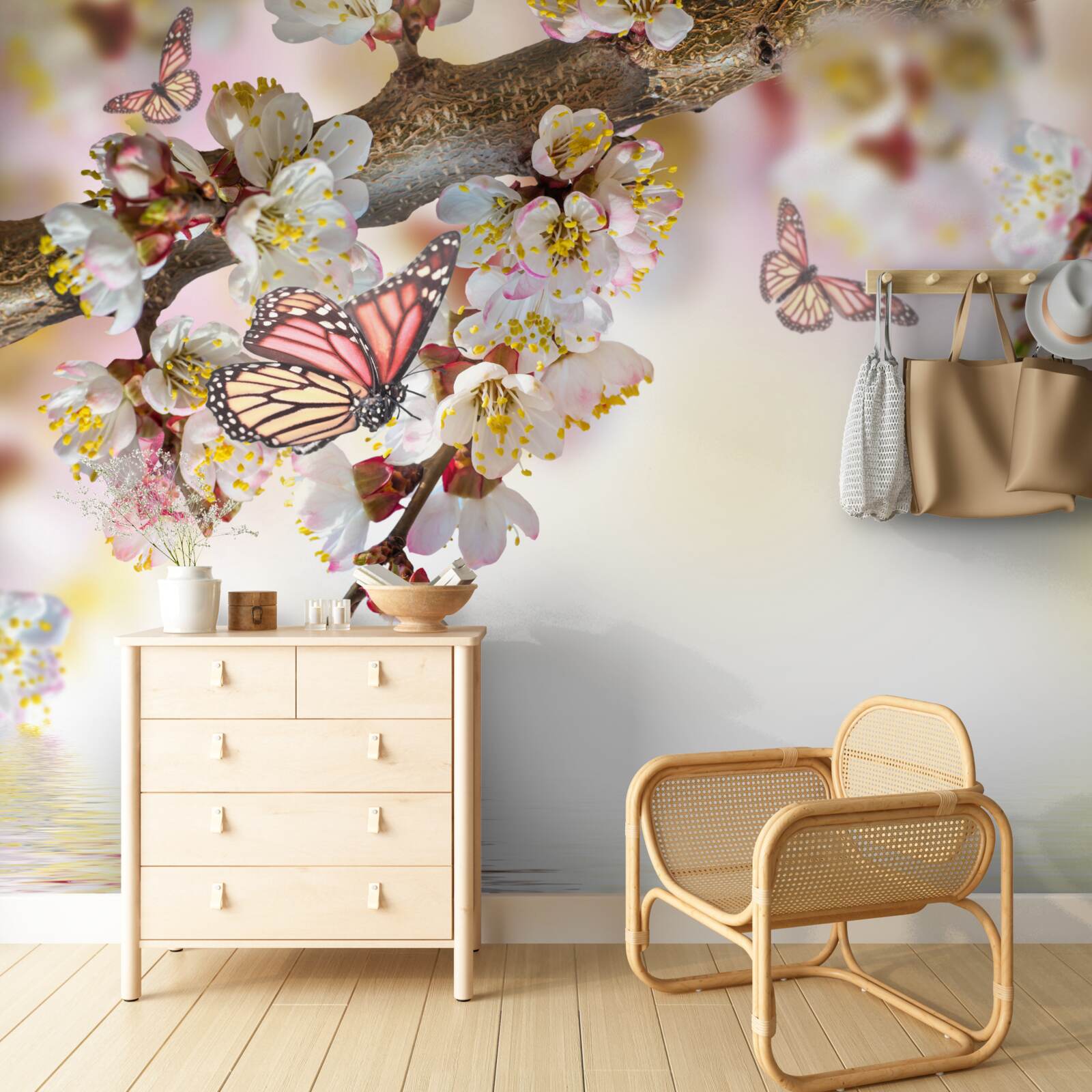 Fotobehang sakurabloemen zijn een thuis geworden voor vlinders