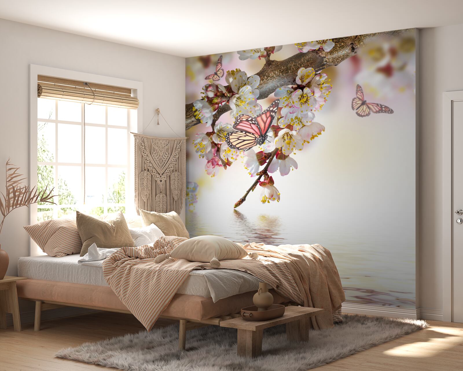 Fotobehang sakurabloemen zijn een thuis geworden voor vlinders