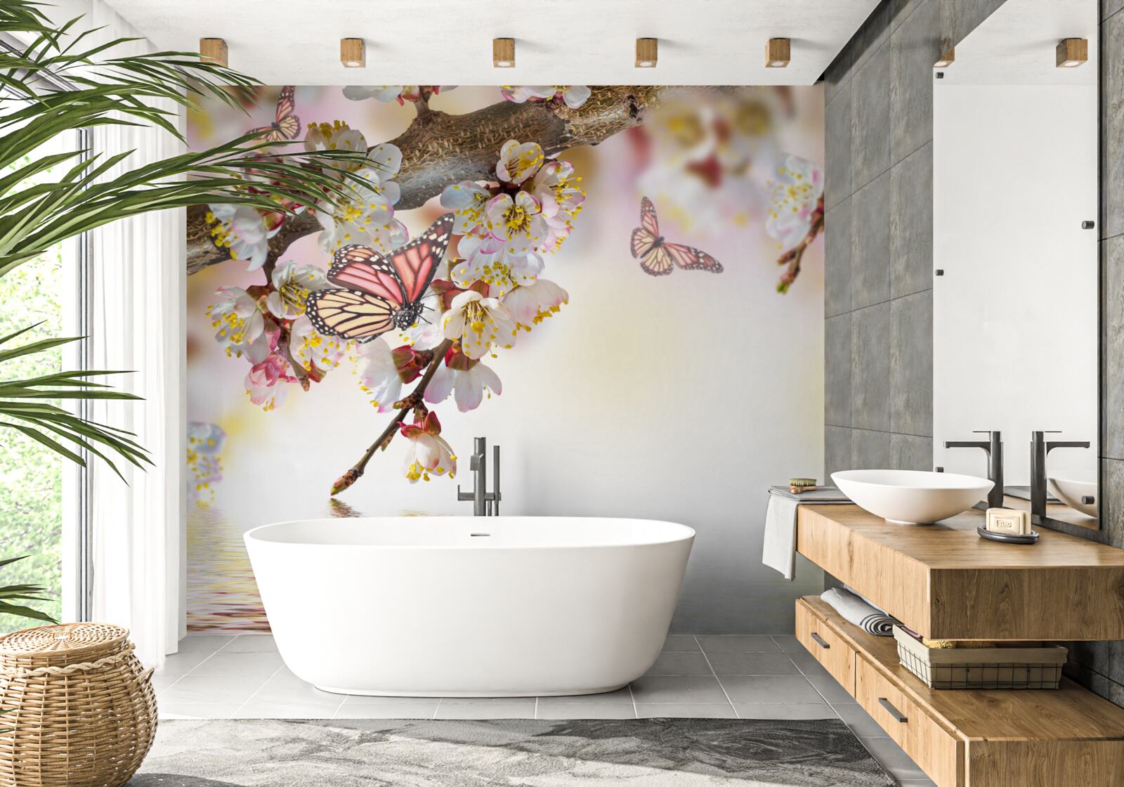 Fotobehang sakurabloemen zijn een thuis geworden voor vlinders