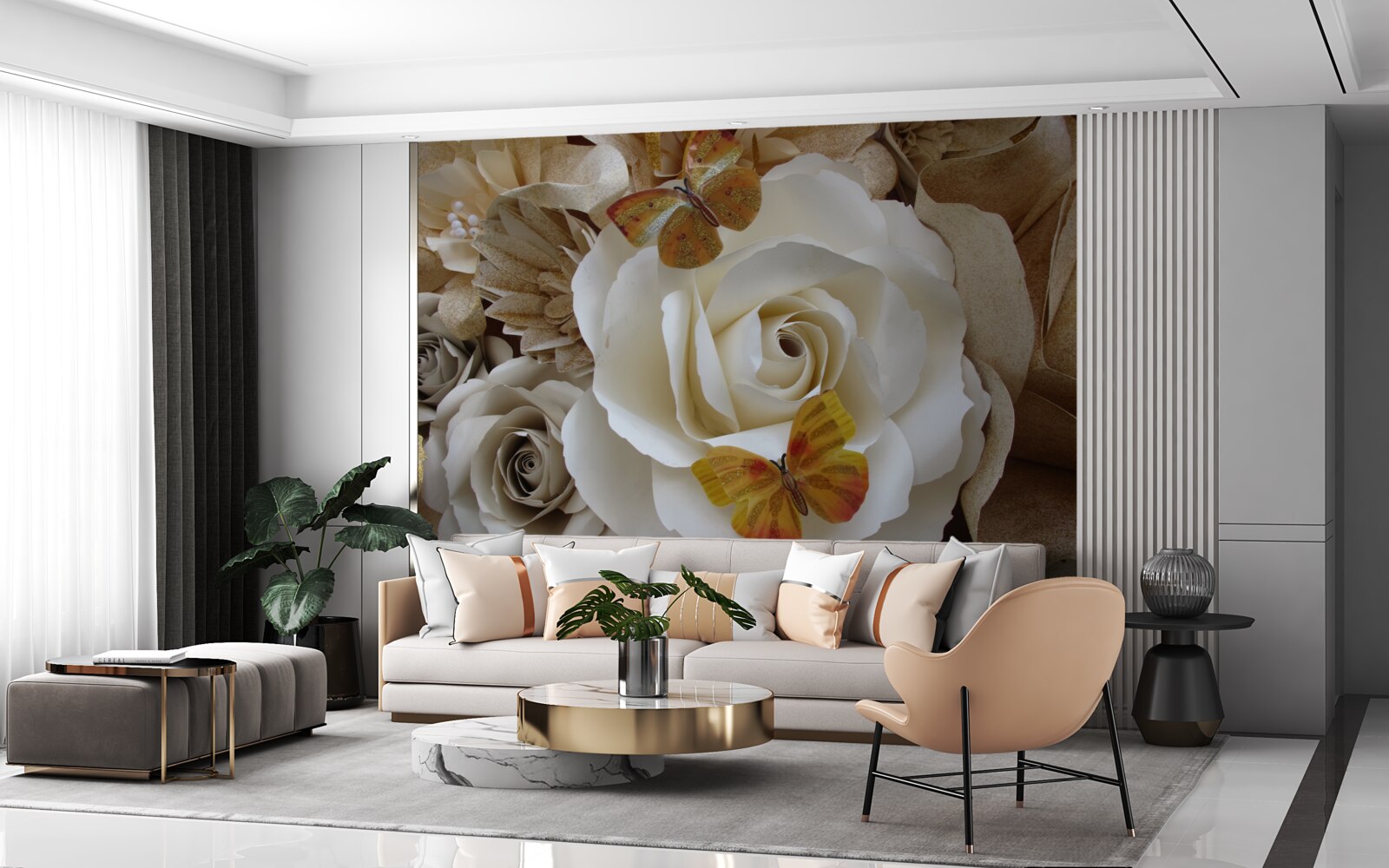 Fotobehang een groot wit bosje is een landingsplaats voor vlinders geworden