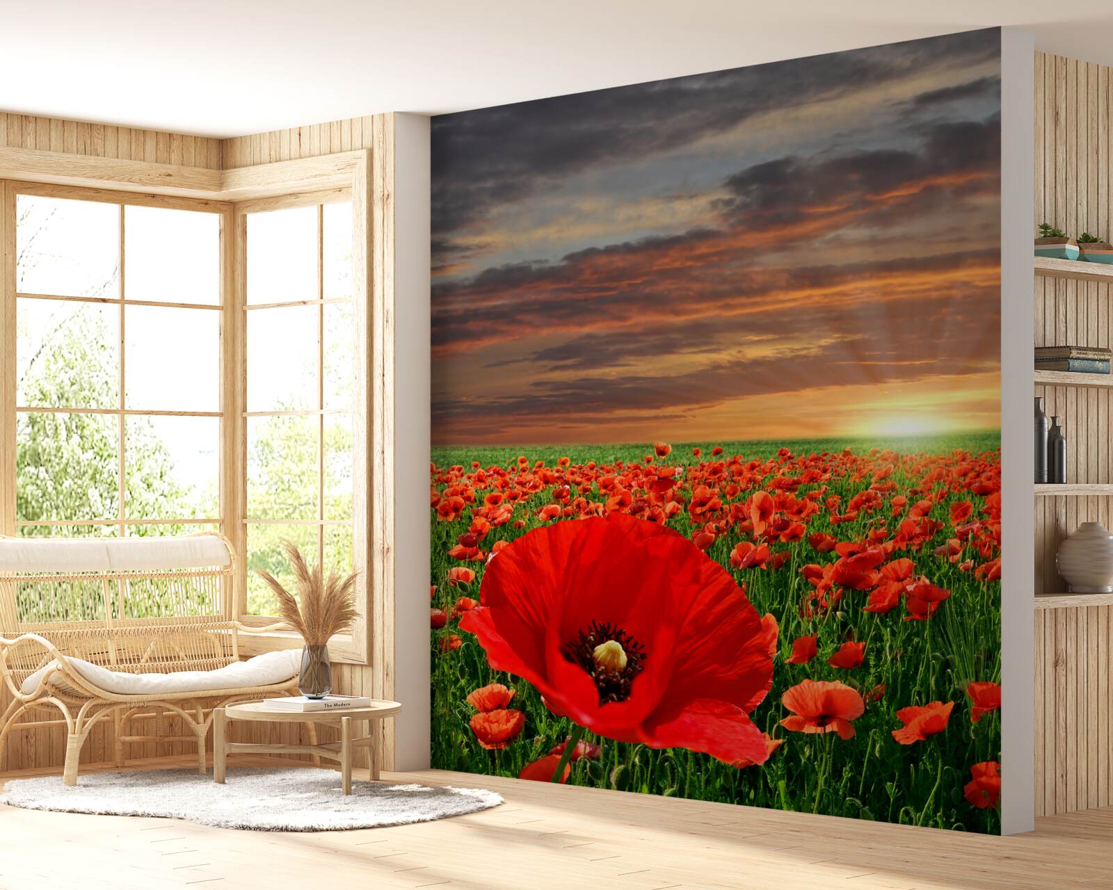 Fotobehang zonsondergang boven een veld van scharlaken klaprozen