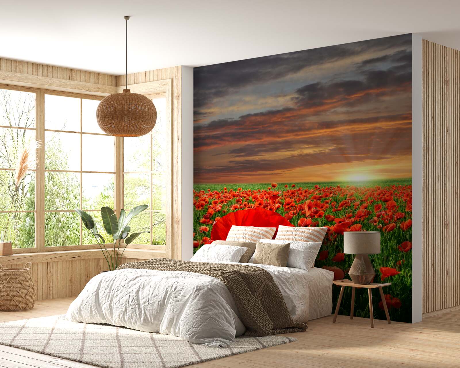 Fotobehang zonsondergang boven een veld van scharlaken klaprozen