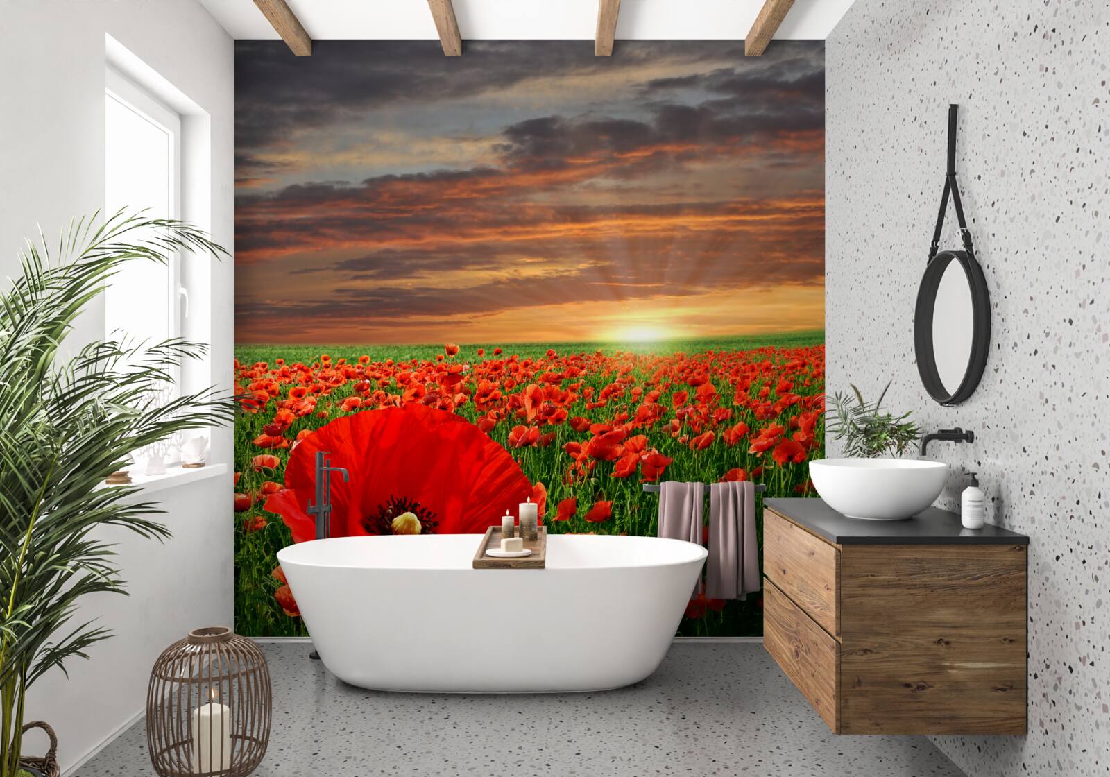 Fotobehang zonsondergang boven een veld van scharlaken klaprozen