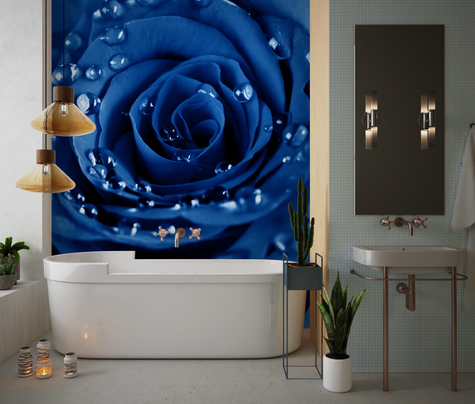 Fotobehang blauwe roos versierd met waterdruppels