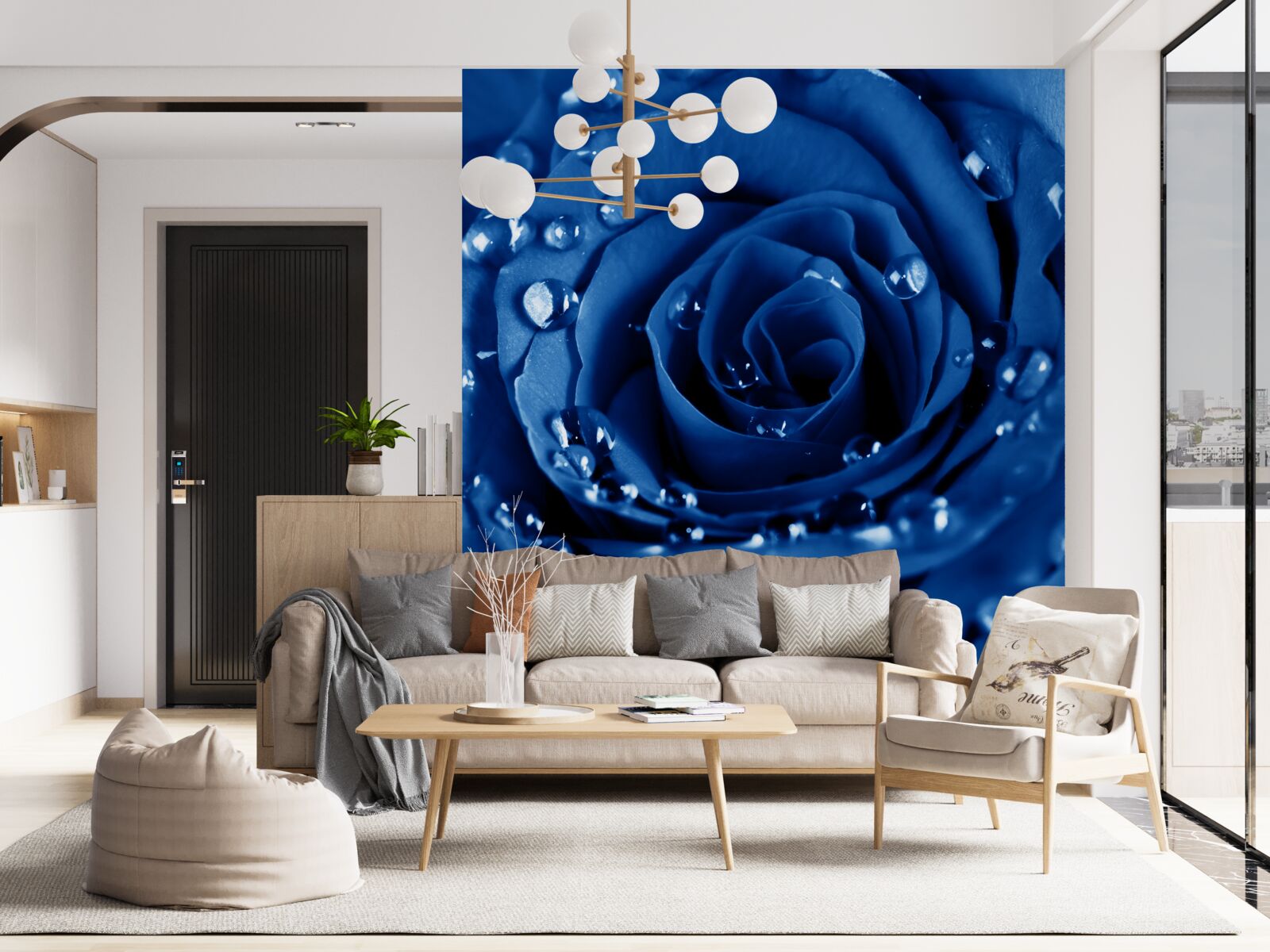 Fotobehang blauwe roos versierd met waterdruppels