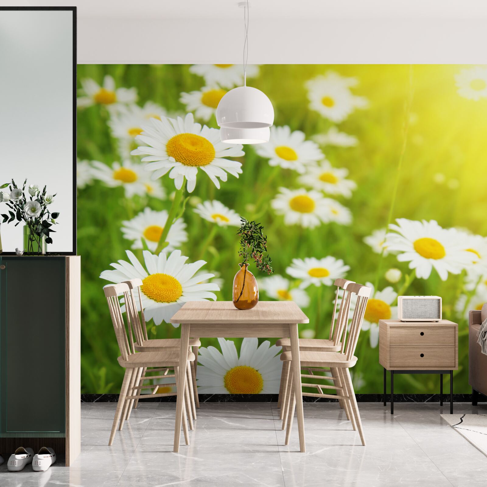 Fotobehang een veld met sneeuwwitte margrieten in het groen