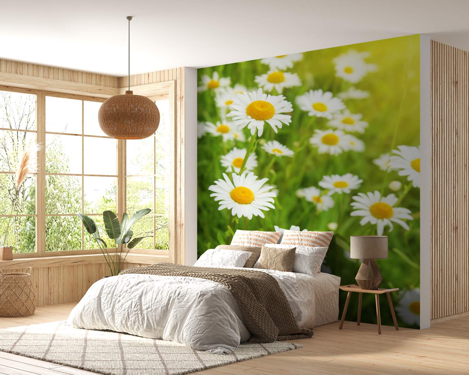 Fotobehang een veld met sneeuwwitte margrieten in het groen